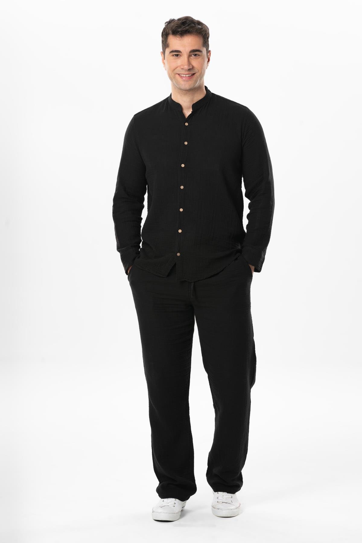 Long Sleeve Crew Neck Summer Muslin Shirt Black