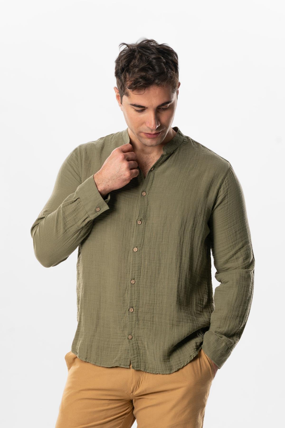 Long Sleeve Crew Neck Summer Muslin Shirt Khaki