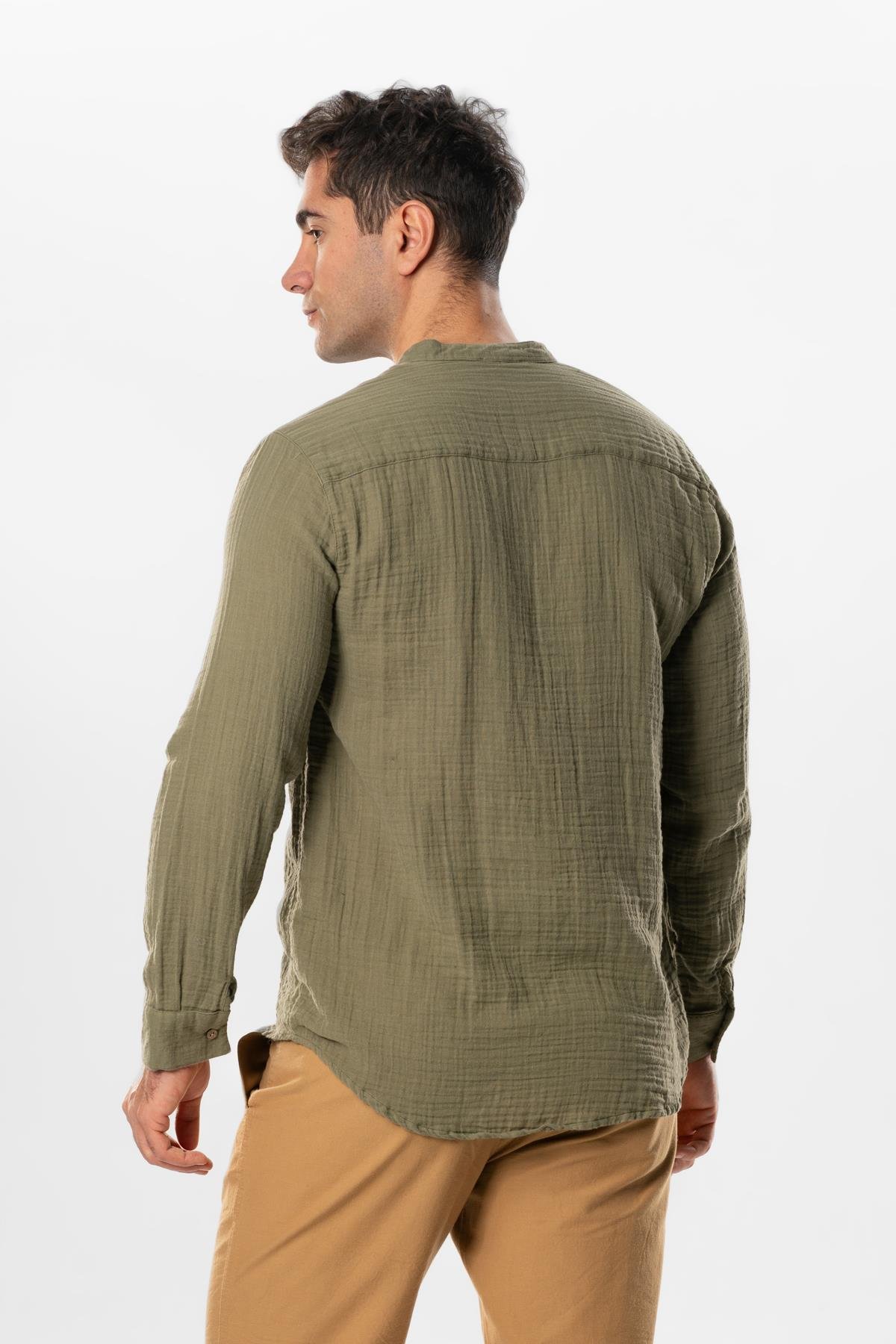 Long Sleeve Crew Neck Summer Muslin Shirt Khaki