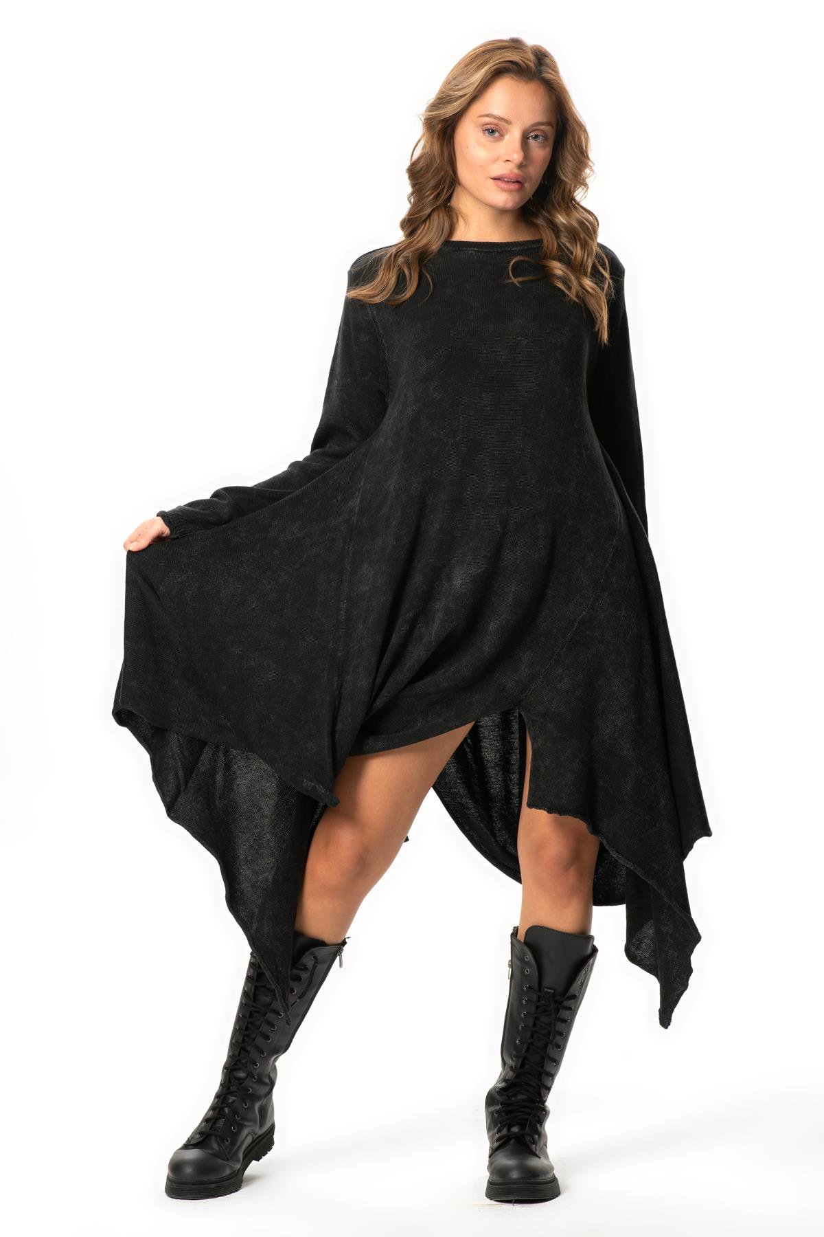 Uzun Kol Handan Asimetrik Kesim Sonbahar ve Kışlık Dökümlü Midi Boy Triko Elbise Füme Fm