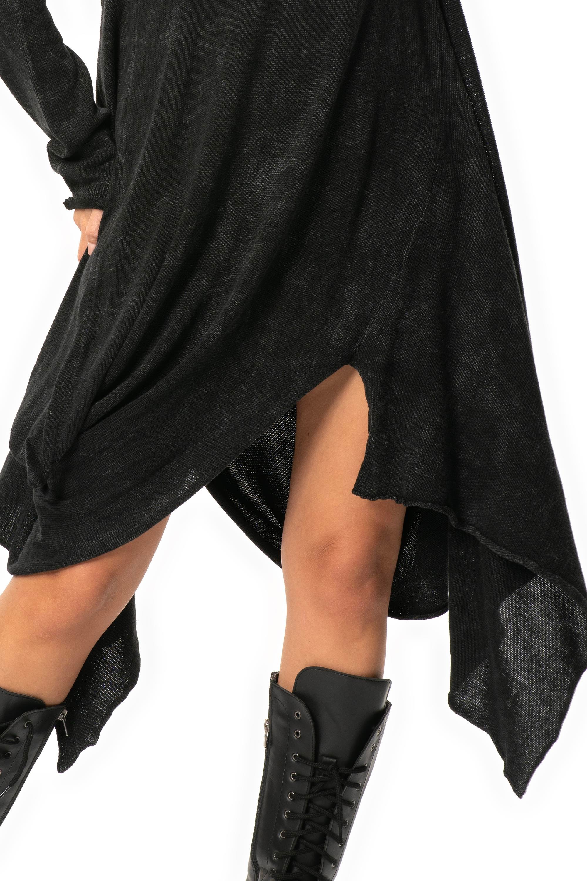 Uzun Kol Handan Asimetrik Kesim Sonbahar ve Kışlık Dökümlü Midi Boy Triko Elbise Füme Fm