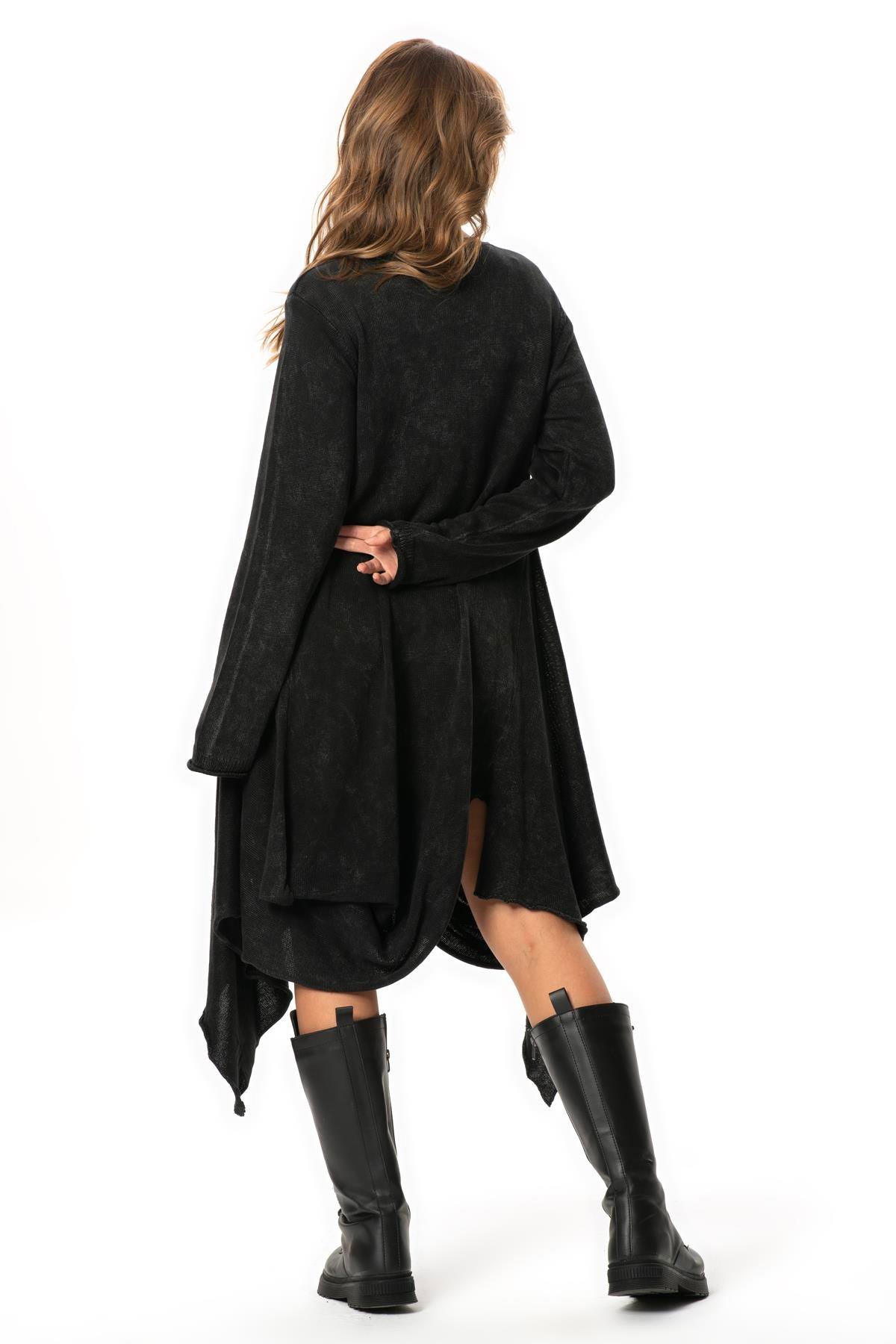 Uzun Kol Handan Asimetrik Kesim Sonbahar ve Kışlık Dökümlü Midi Boy Triko Elbise Füme Fm