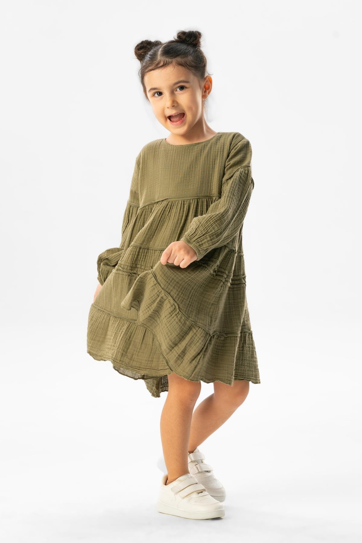 Uzun Kol İlay Yazlık Müslin Çocuk Elbise Haki Hk