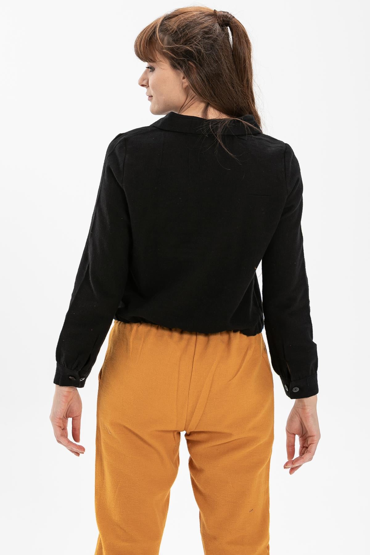 Long Sleeve Flannel Fabric Ilayda Blouse Black