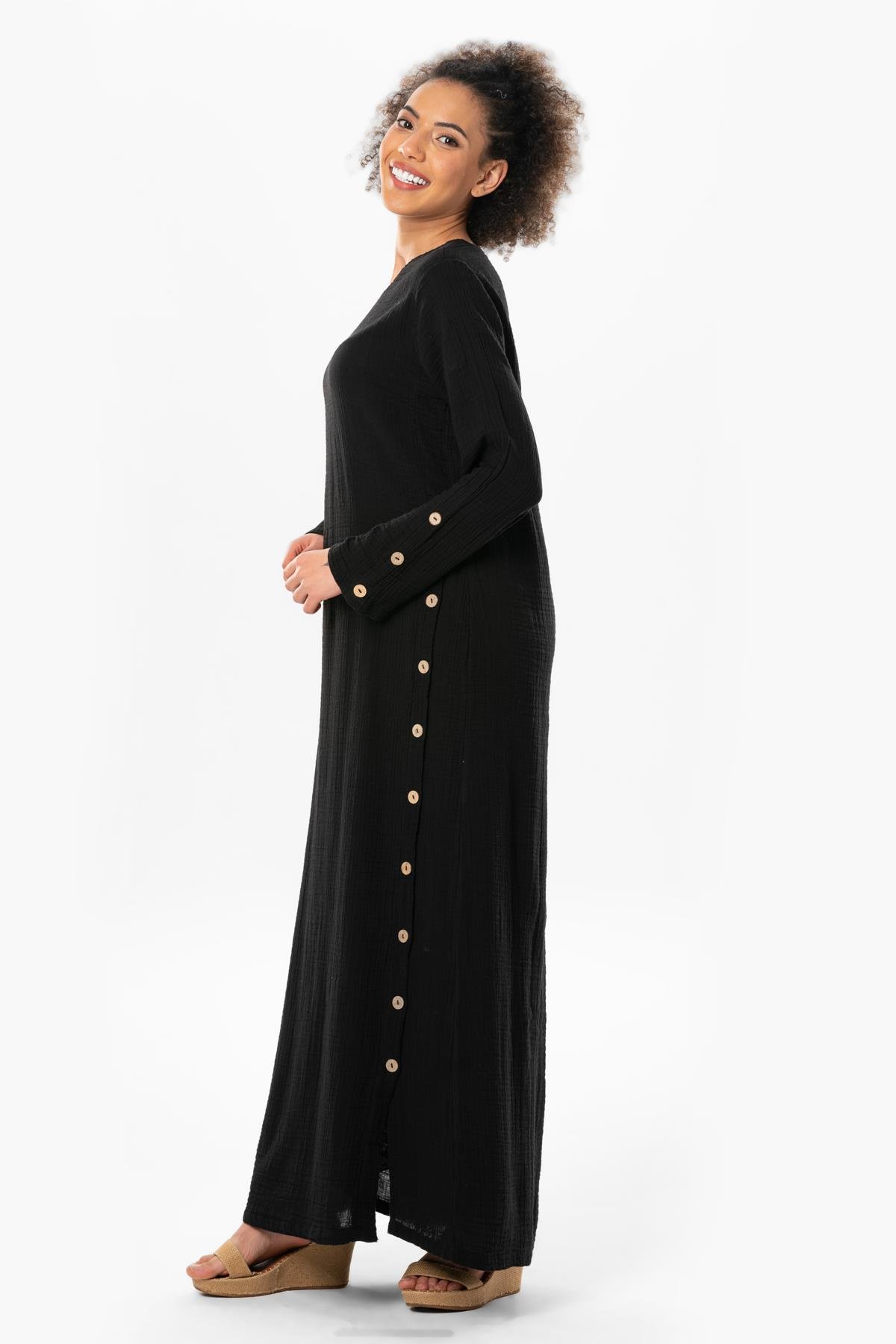 Long Sleeve Izel Long Summer Muslin Dress Black