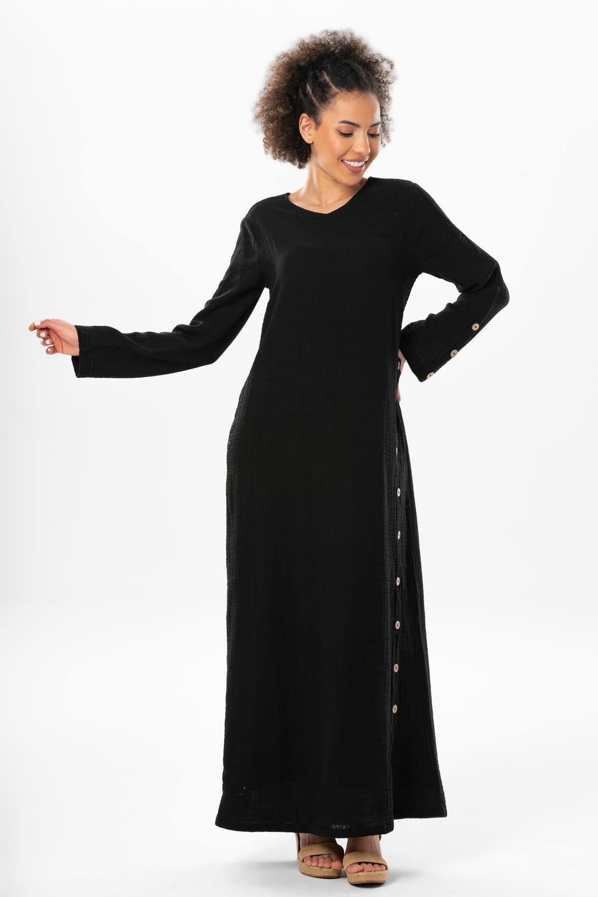 Long Sleeve Izel Long Summer Muslin Dress Black