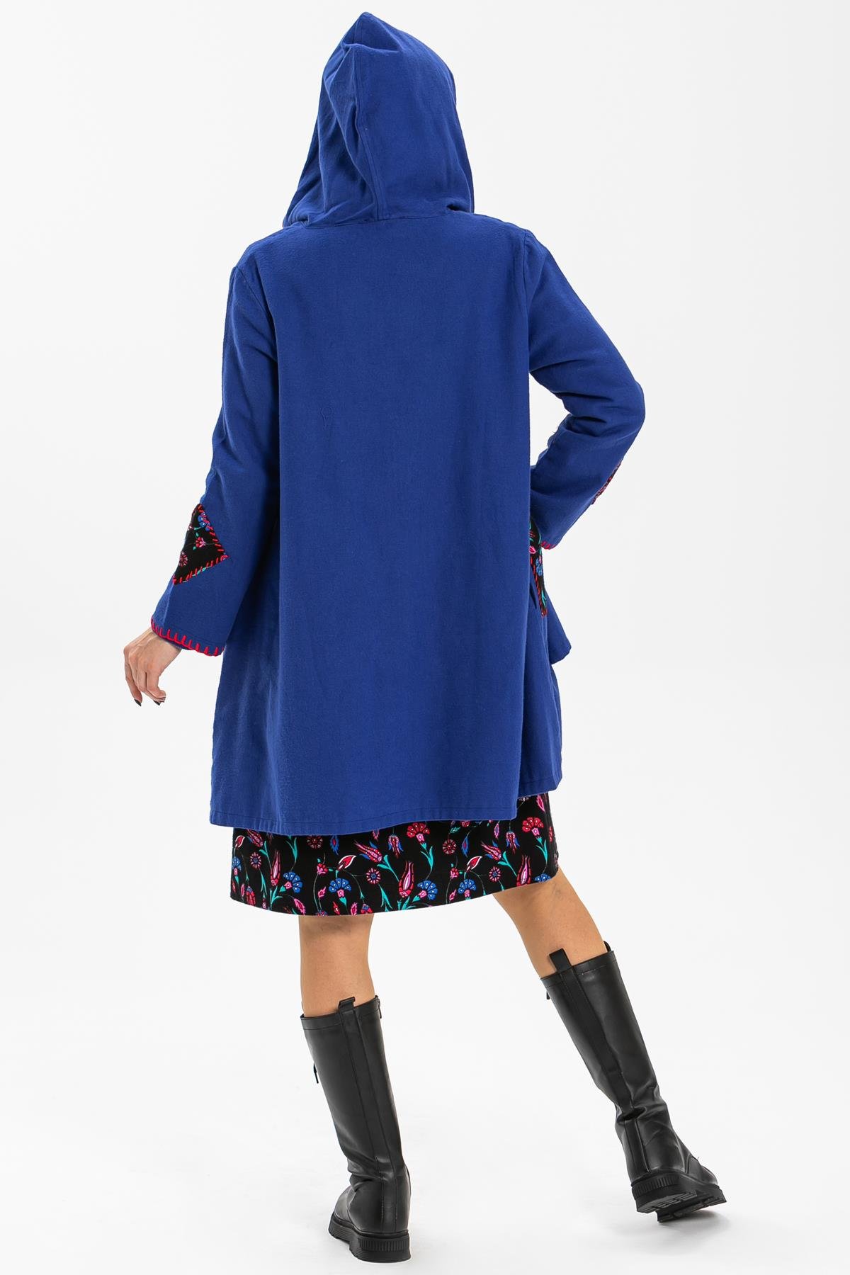 Uzun Kol Kapüşonlu Eylem Pazen Sonbahar ve Kışlık Ceket Saks Sks