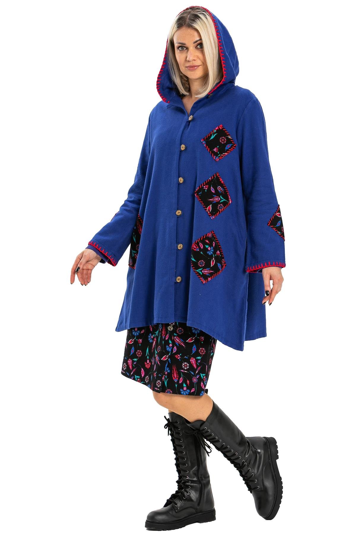 Uzun Kol Kapüşonlu Eylem Pazen Sonbahar ve Kışlık Ceket Saks Sks