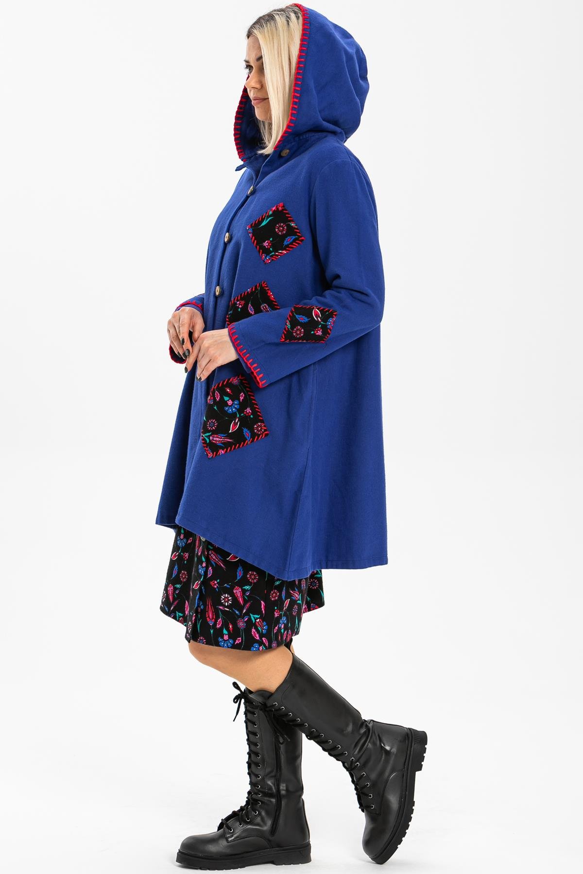 Uzun Kol Kapüşonlu Eylem Pazen Sonbahar ve Kışlık Ceket Saks Sks