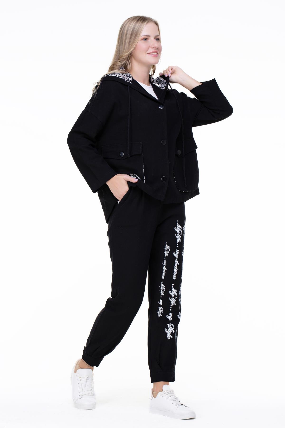 Uzun Kol Kapüşonlu Gamze Pazen Ceket Siyah Syh