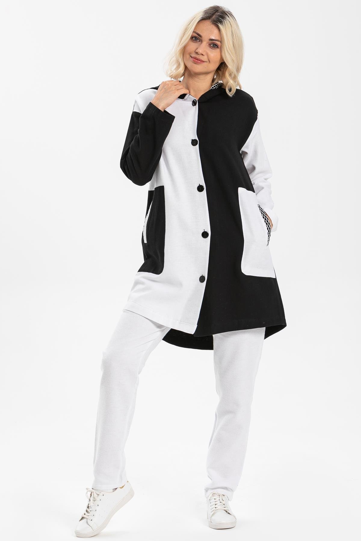 Uzun Kol Kapüşonlu Hayal Baskılı Pazen Sonbahar ve Kışlık Ceket Beyaz Byz