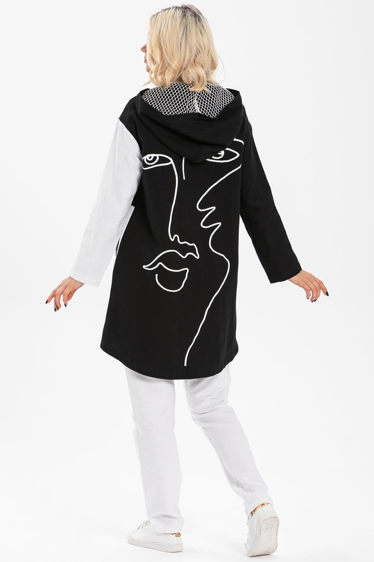 Uzun Kol Kapüşonlu Hayal Baskılı Pazen Sonbahar ve Kışlık Ceket Beyaz Byz