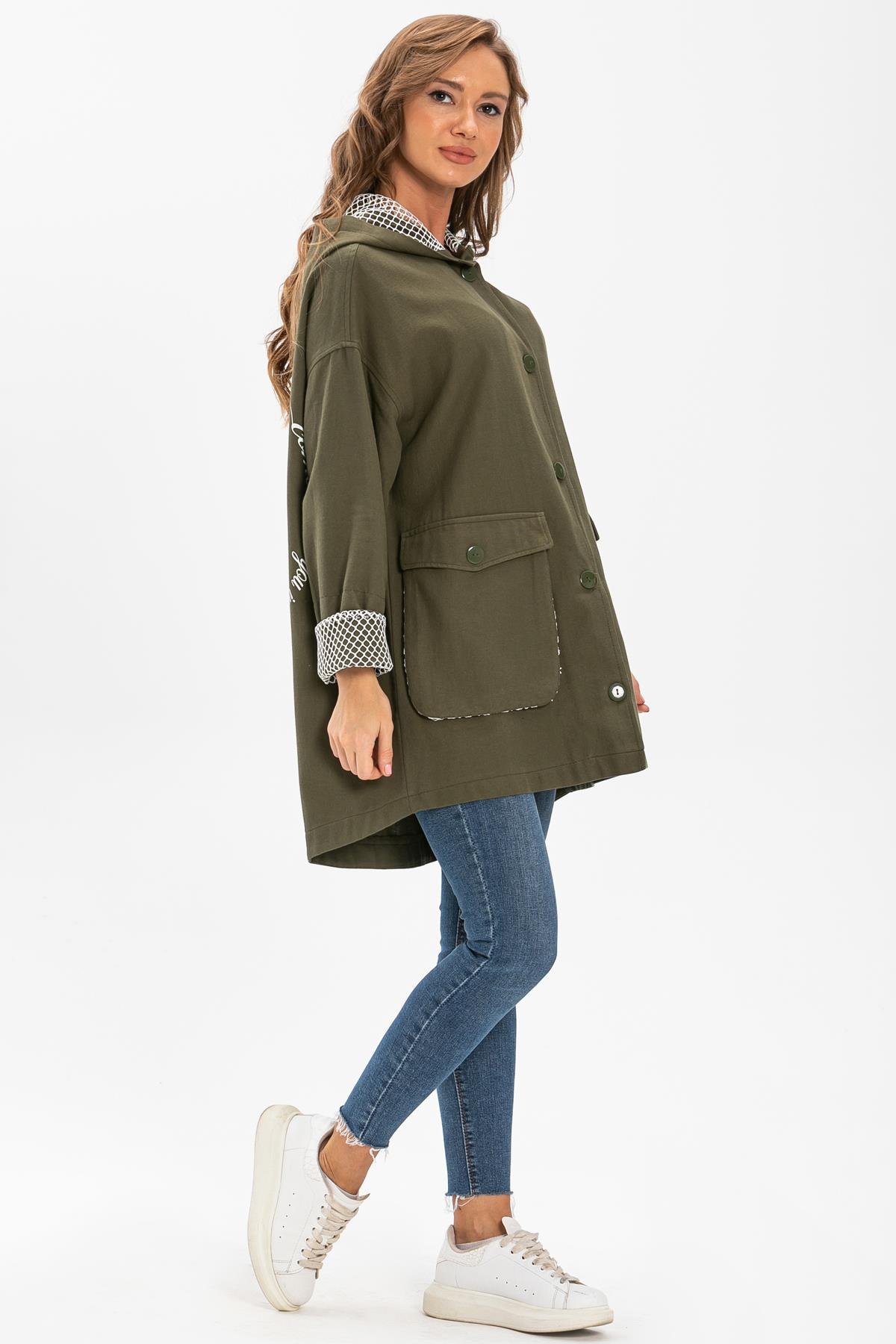 Uzun Kol Kapüşonlu Safari Baskılı Pazen Sonbahar ve Kışlık Ceket Haki Hk