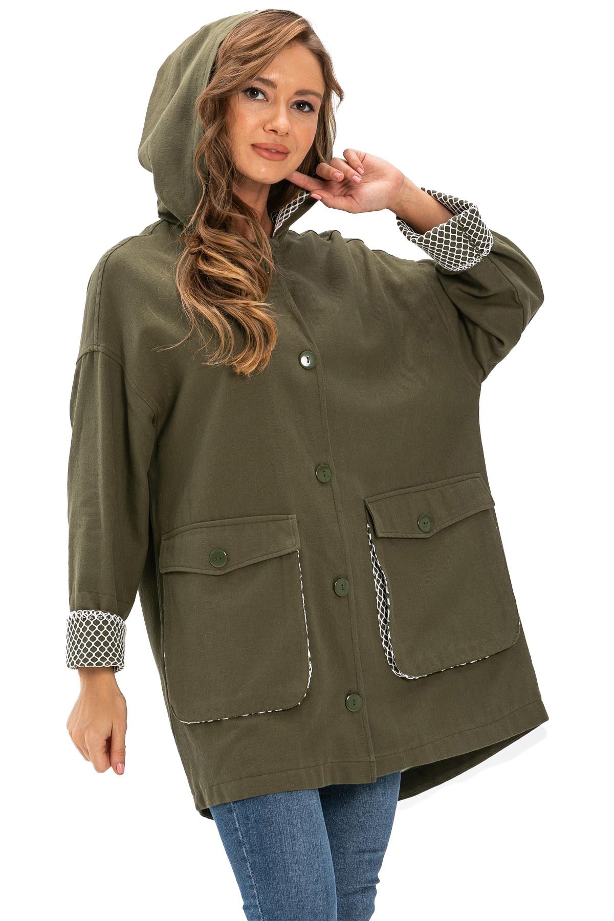 Uzun Kol Kapüşonlu Safari Baskılı Pazen Sonbahar ve Kışlık Ceket Haki Hk