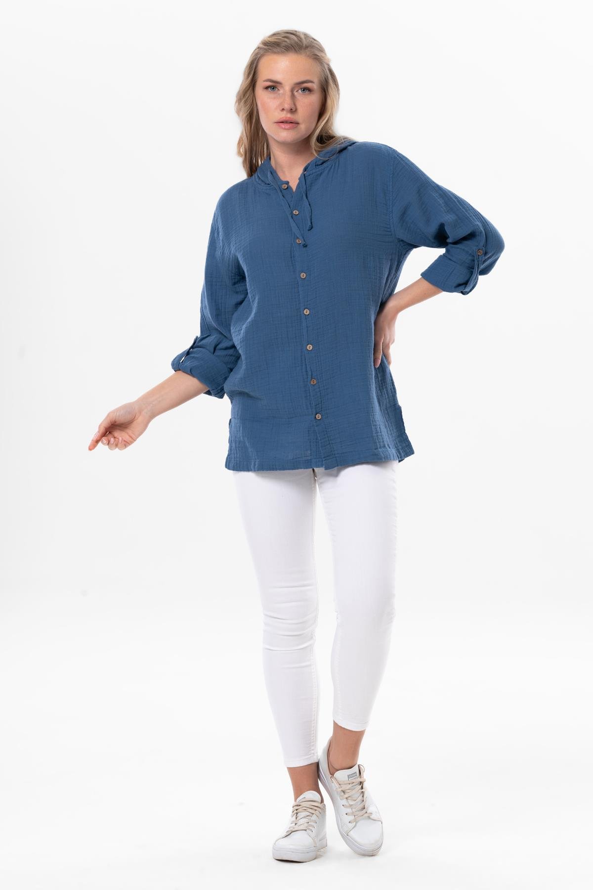 Uzun Kol Kapüşonlu Yazlık Müslin Sweatshirt İndigo indg