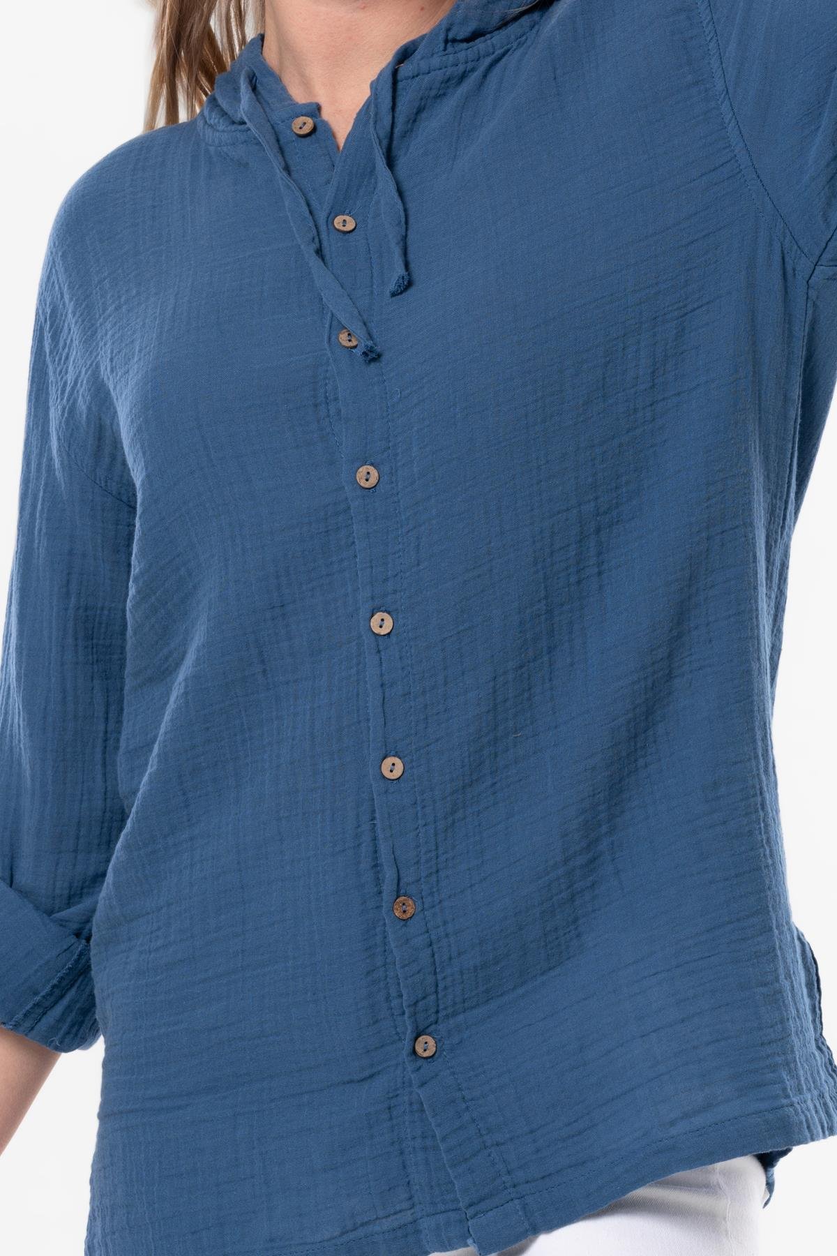 Uzun Kol Kapüşonlu Yazlık Müslin Sweatshirt İndigo indg