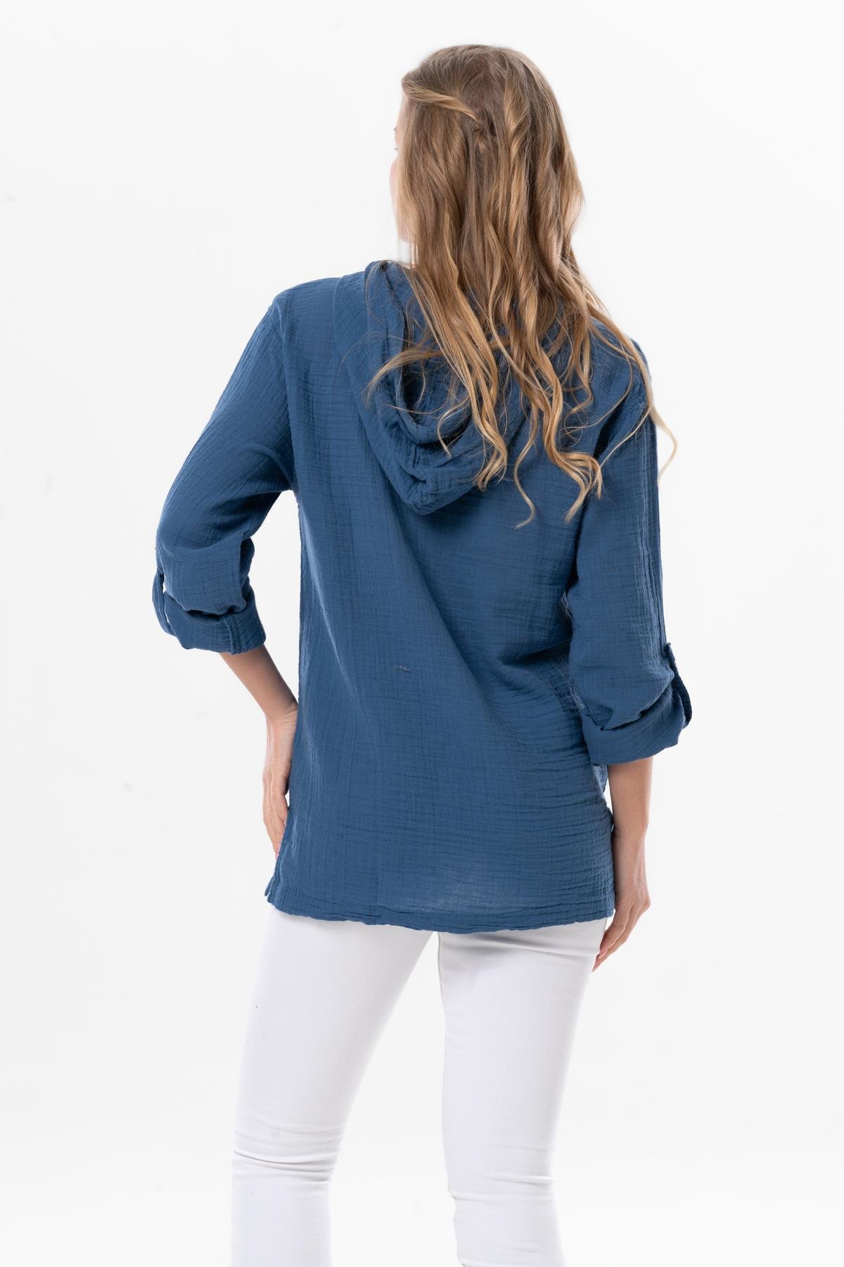 Uzun Kol Kapüşonlu Yazlık Müslin Sweatshirt İndigo indg