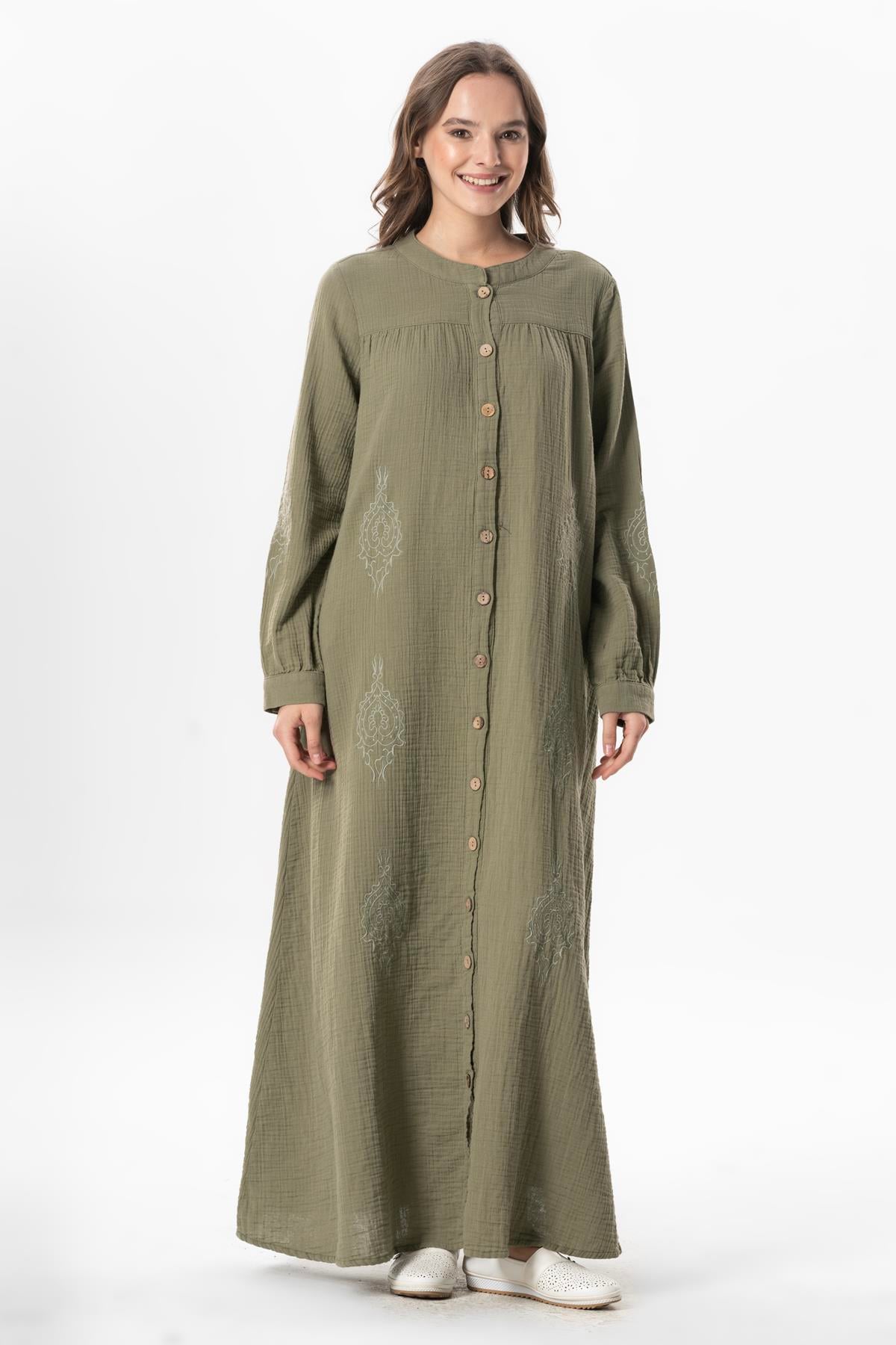 Long Sleeve Laçin Printed Muslin Seasonal Abaya Khaki