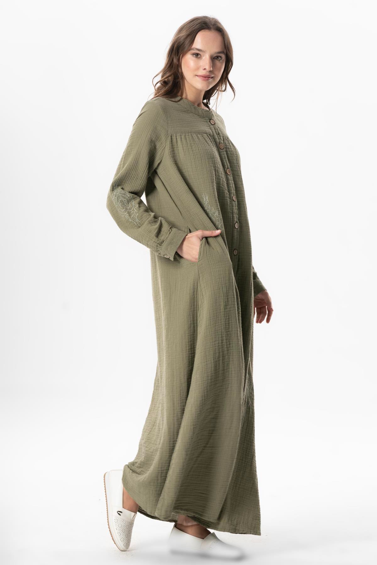 Long Sleeve Laçin Printed Muslin Seasonal Abaya Khaki