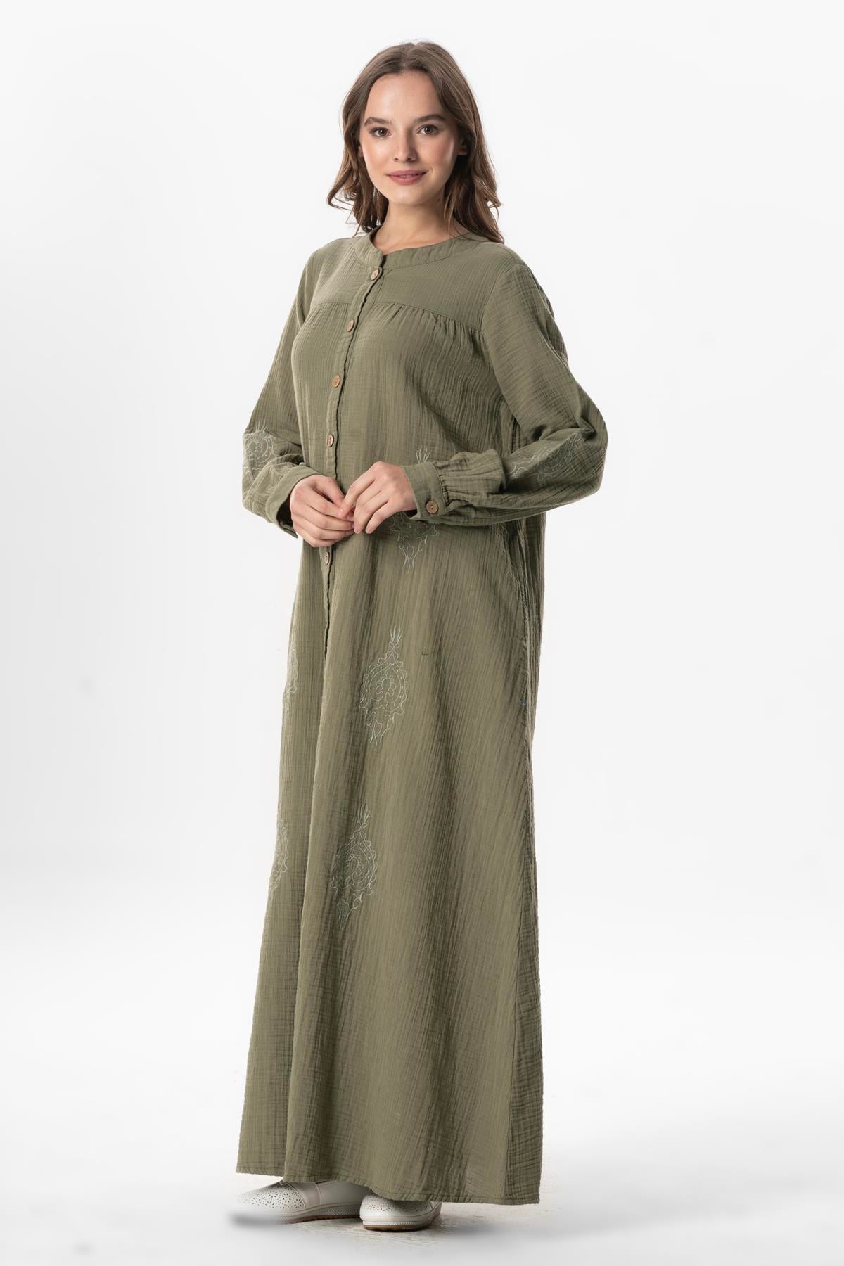 Long Sleeve Laçin Printed Muslin Seasonal Abaya Khaki