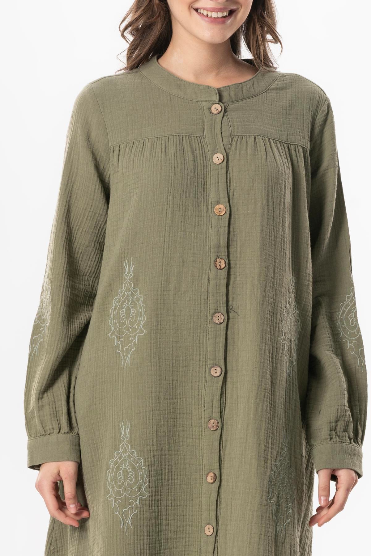 Long Sleeve Laçin Printed Muslin Seasonal Abaya Khaki