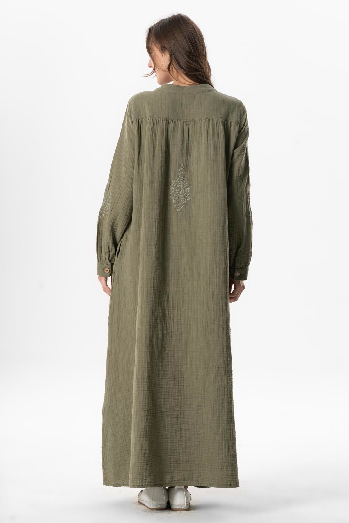 Long Sleeve Laçin Printed Muslin Seasonal Abaya Khaki