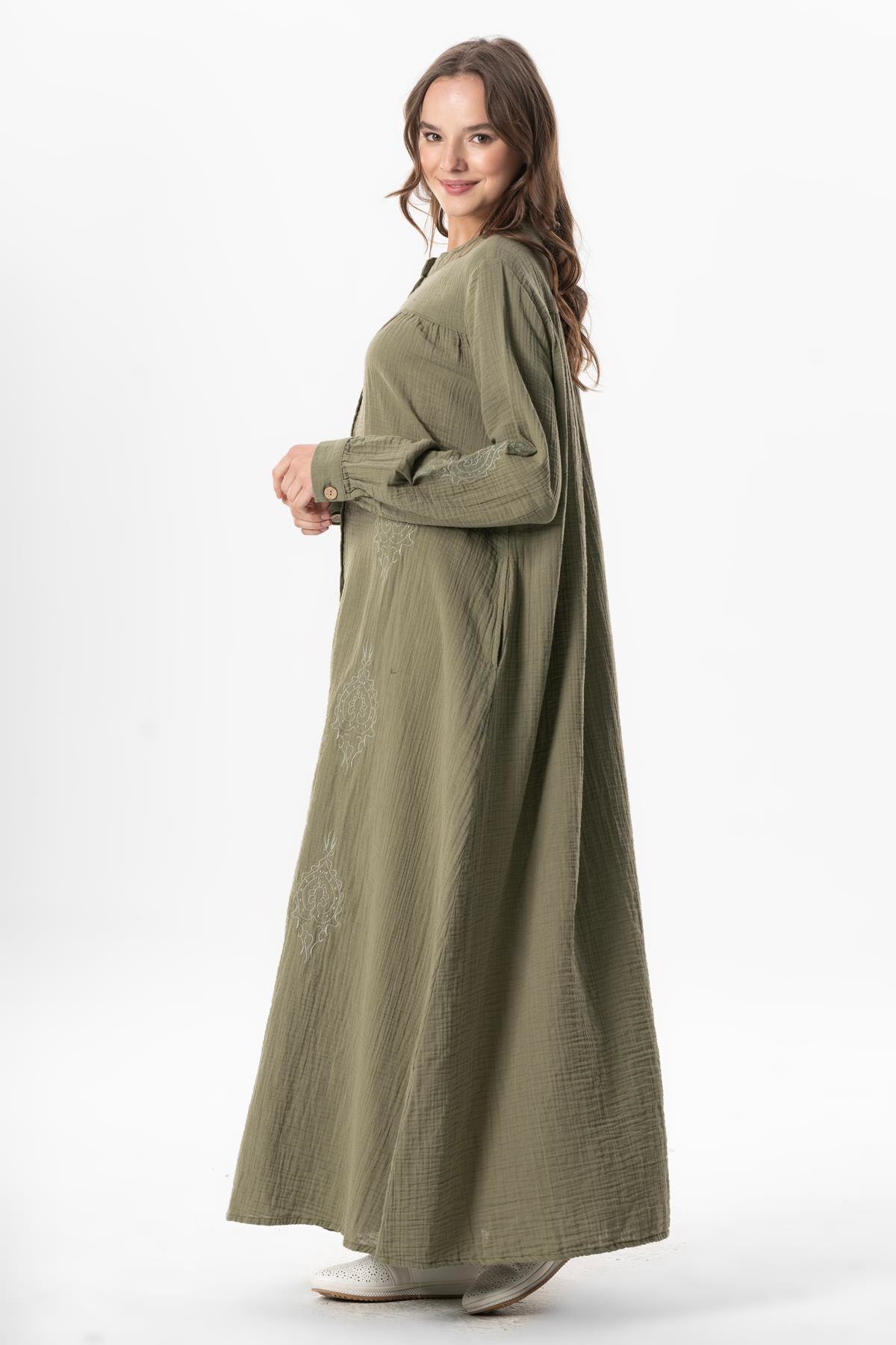 Long Sleeve Laçin Printed Muslin Seasonal Abaya Khaki