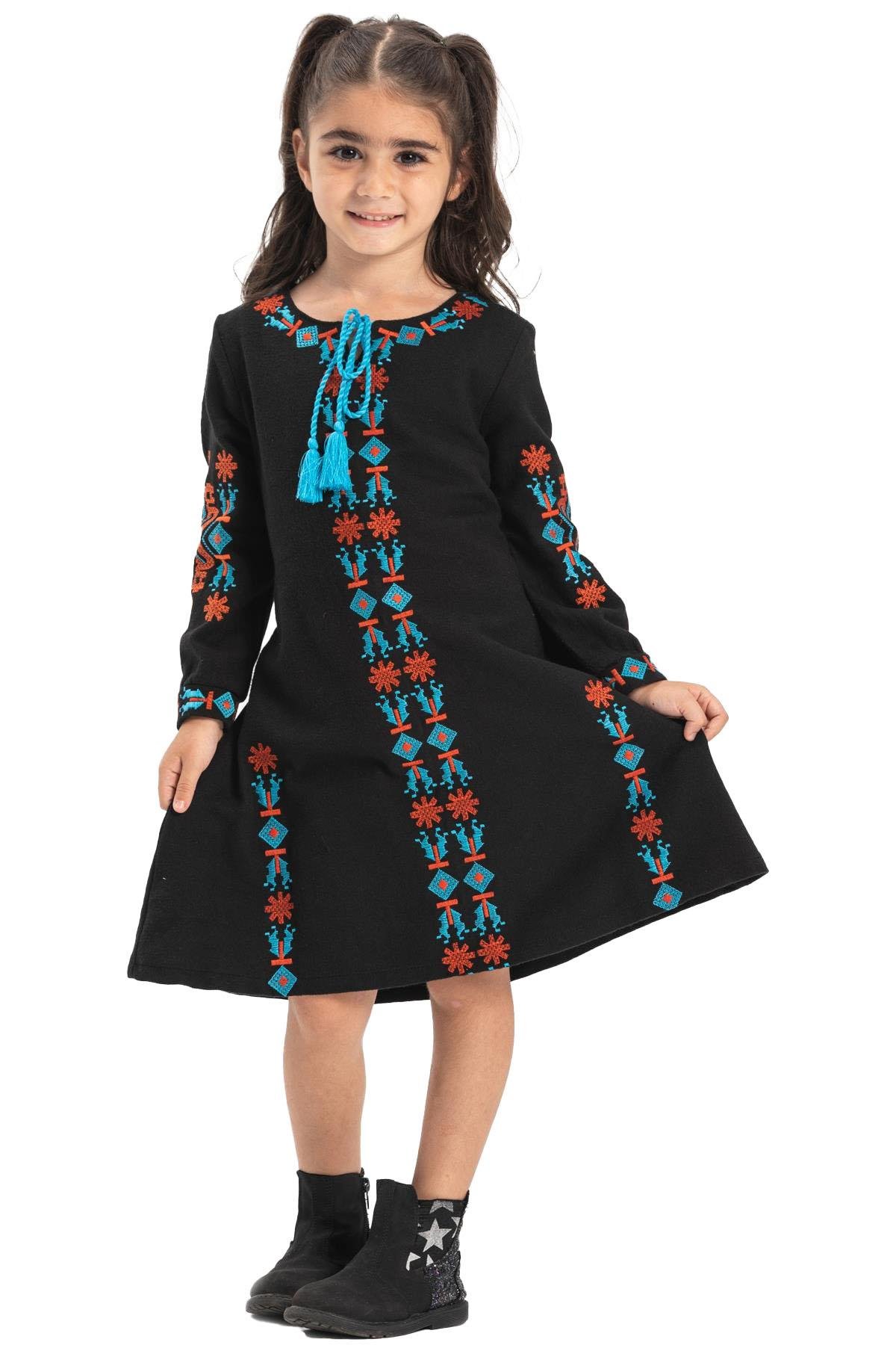 Uzun Kol Mahur Çocuk Pazen Sonbahar ve Kışlık Elbise Siyah Syh