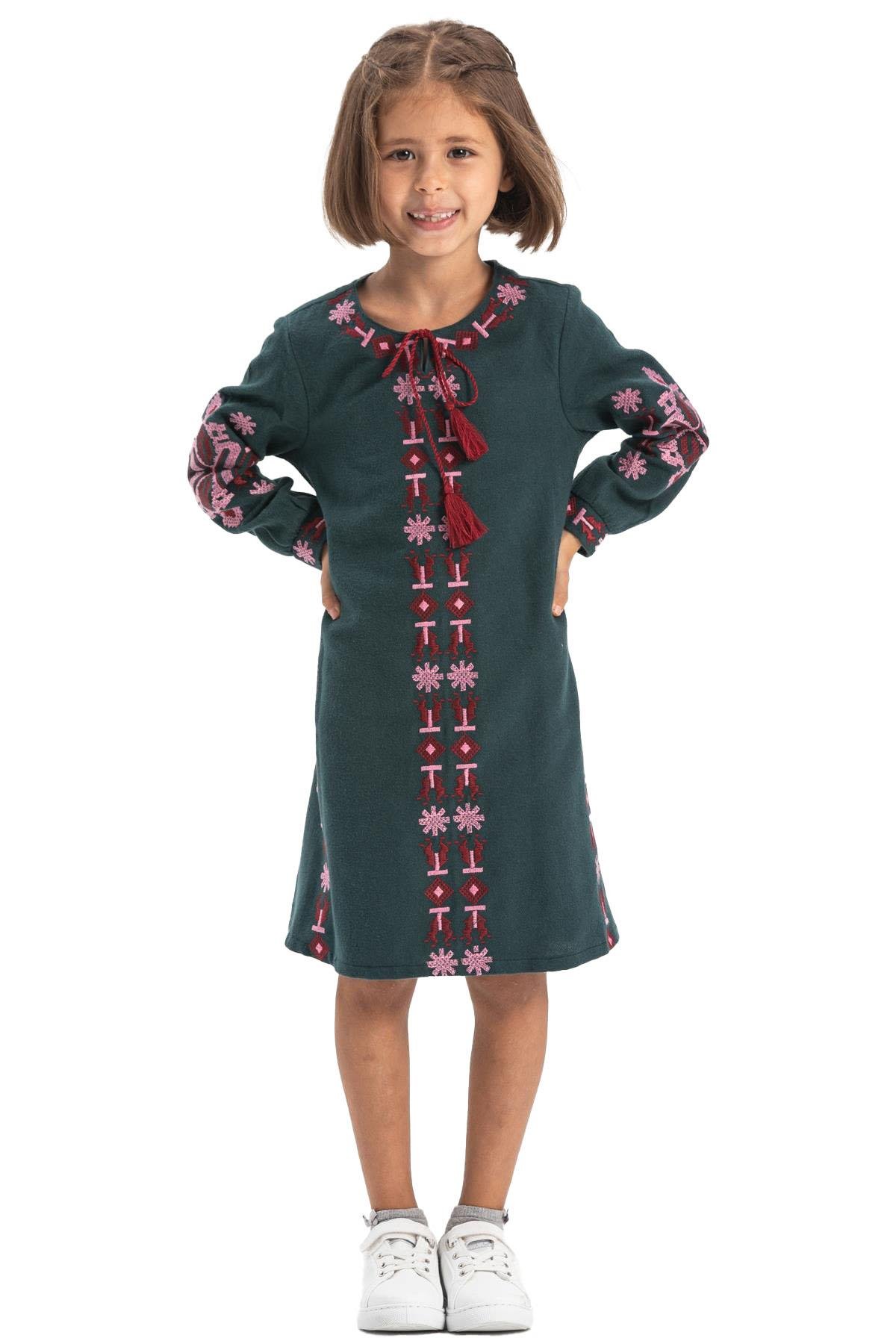 Uzun Kol Mahur Çocuk Pazen Sonbahar ve Kışlık Elbise Petrol Ptrl