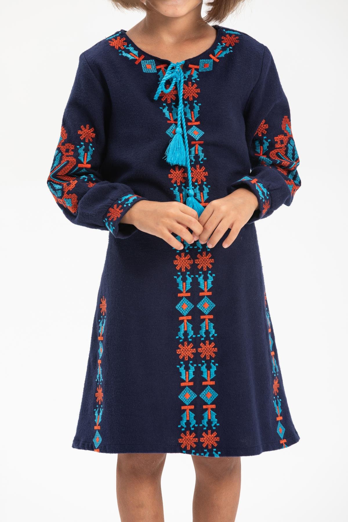 Uzun Kol Mahur Çocuk Pazen Sonbahar ve Kışlık Elbise Lacivert Lcvt