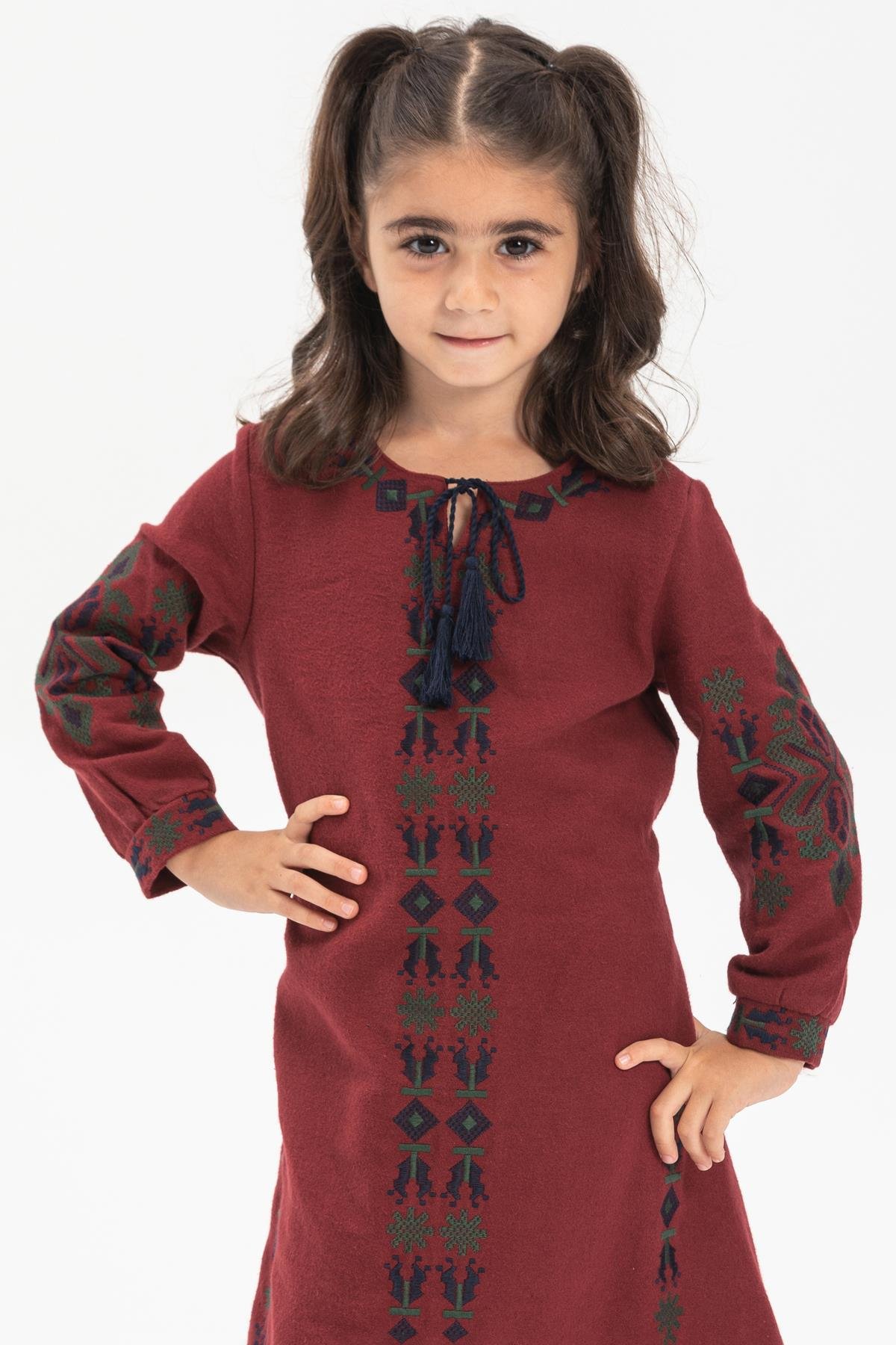 Uzun Kol Mahur Çocuk Pazen Sonbahar ve Kışlık Elbise Bordo Brd