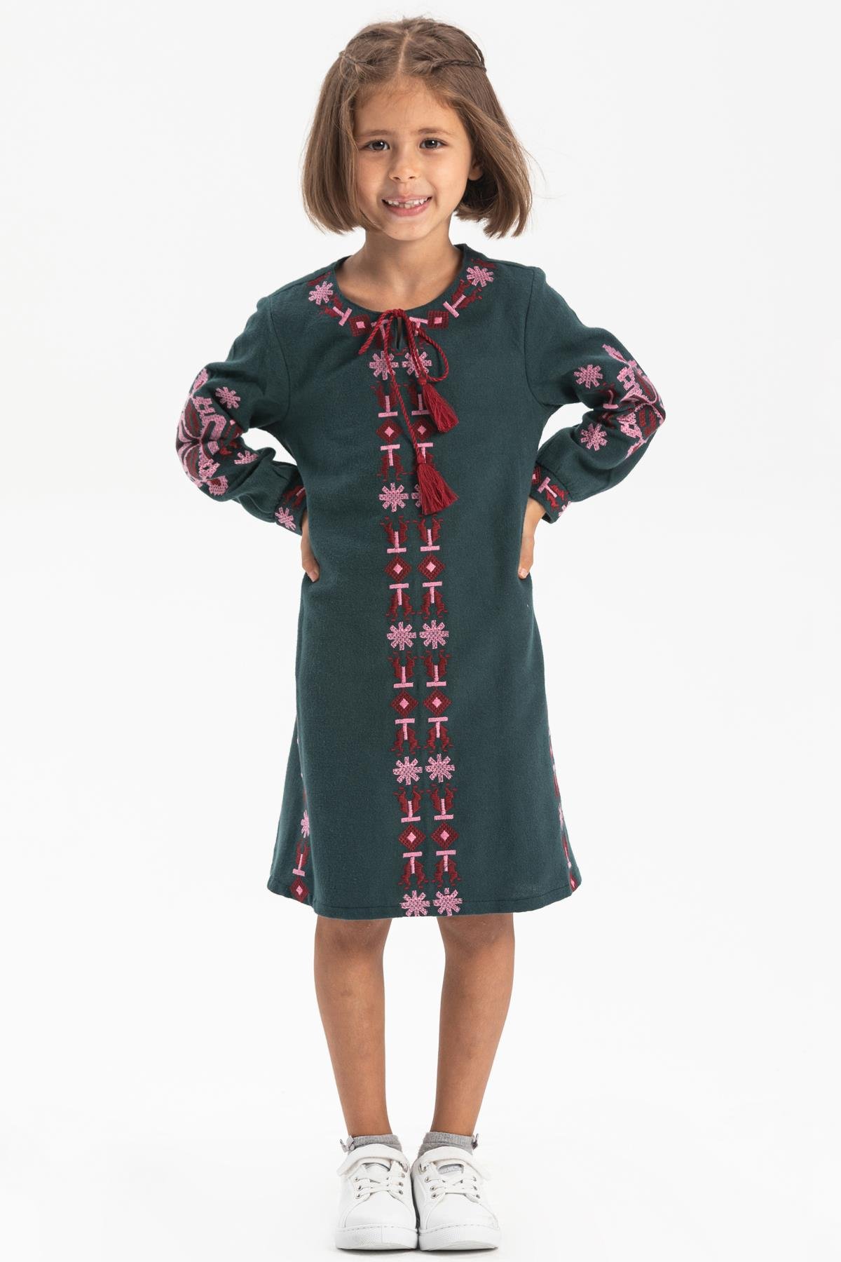 Uzun Kol Mahur Çocuk Pazen Sonbahar ve Kışlık Elbise Petrol Ptrl