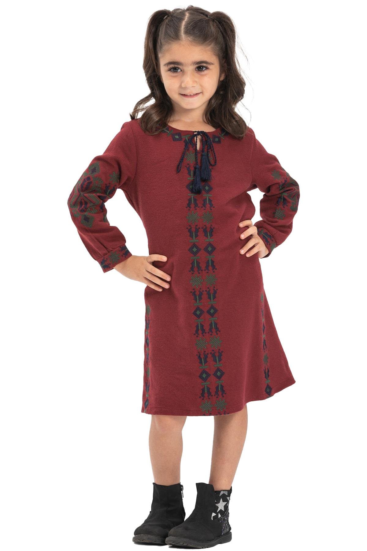 Uzun Kol Mahur Çocuk Pazen Sonbahar ve Kışlık Elbise Bordo Brd