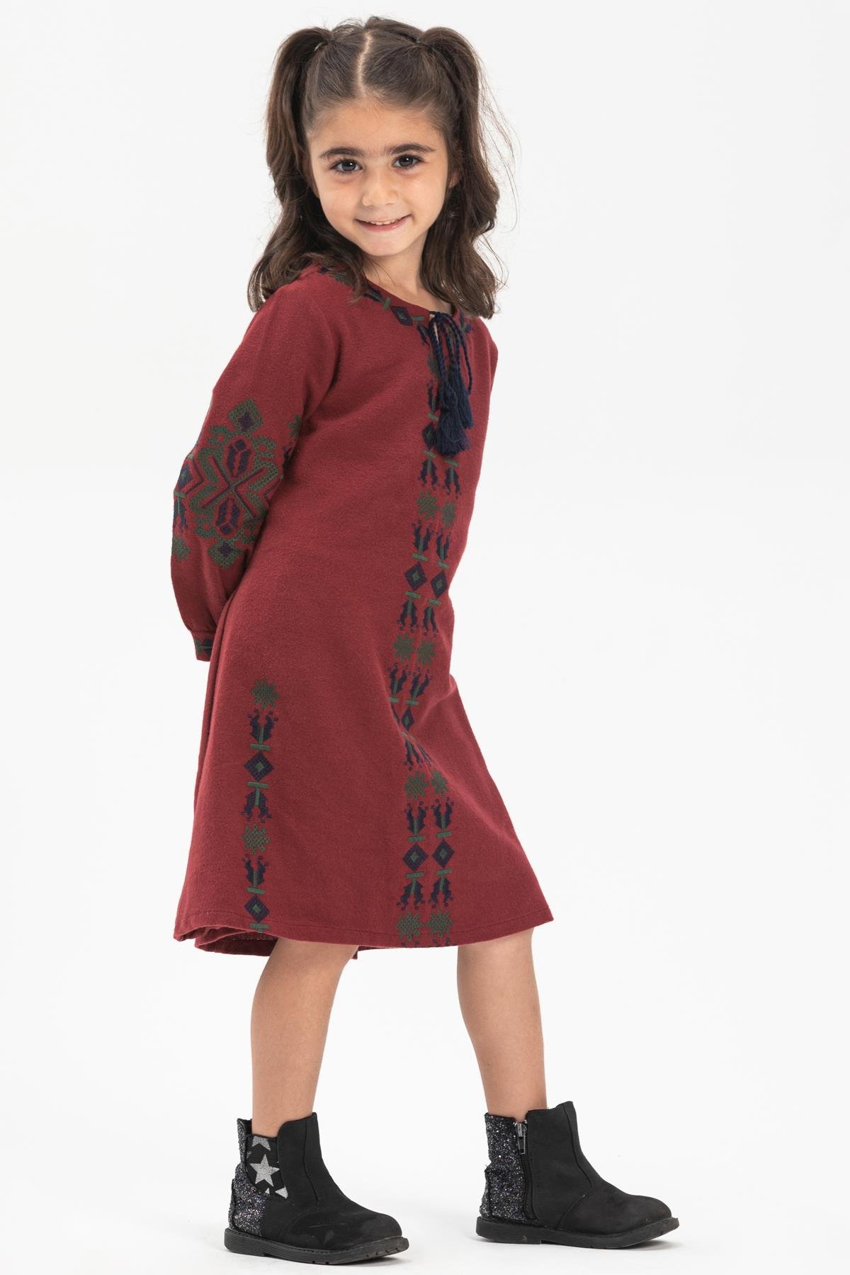 Uzun Kol Mahur Çocuk Pazen Sonbahar ve Kışlık Elbise Bordo Brd