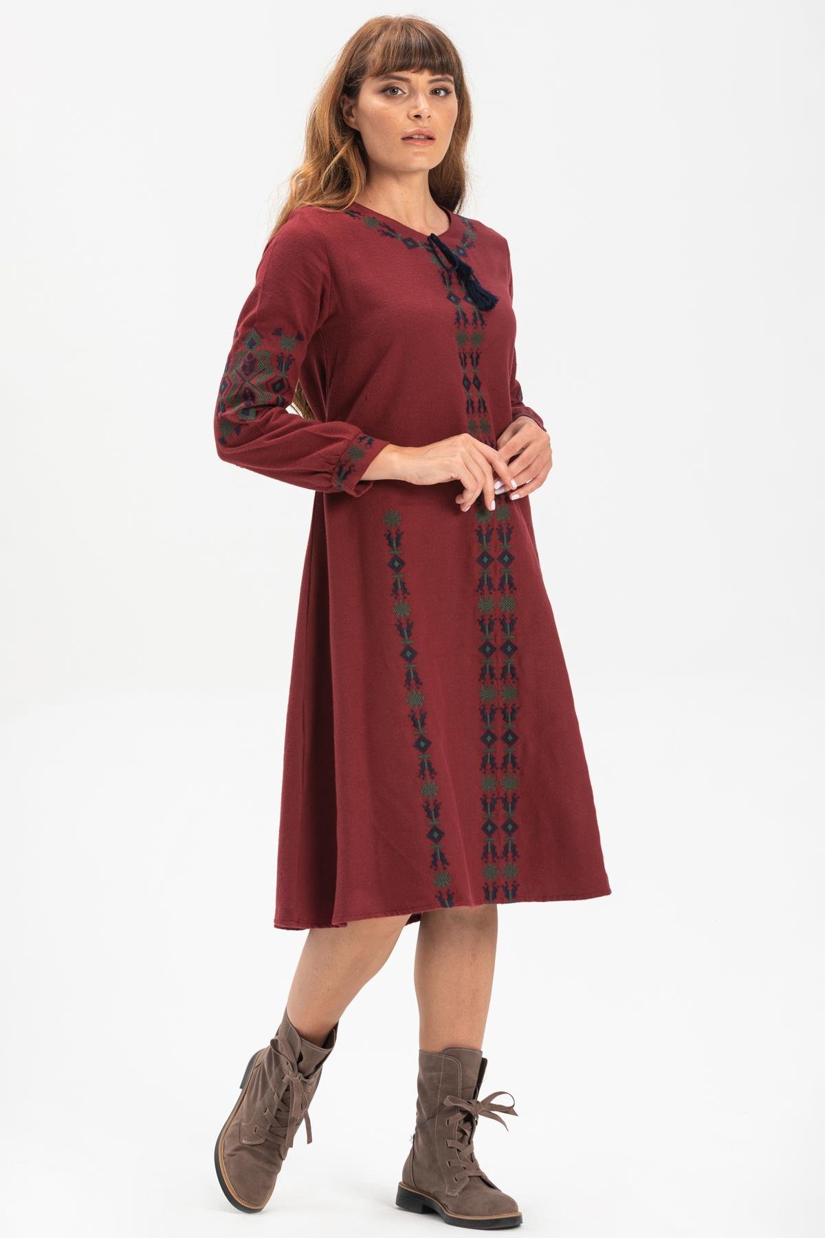 Uzun Kol Mahur Pazen Kısa Sonbahar ve Kışlık Elbise Bordo Brd