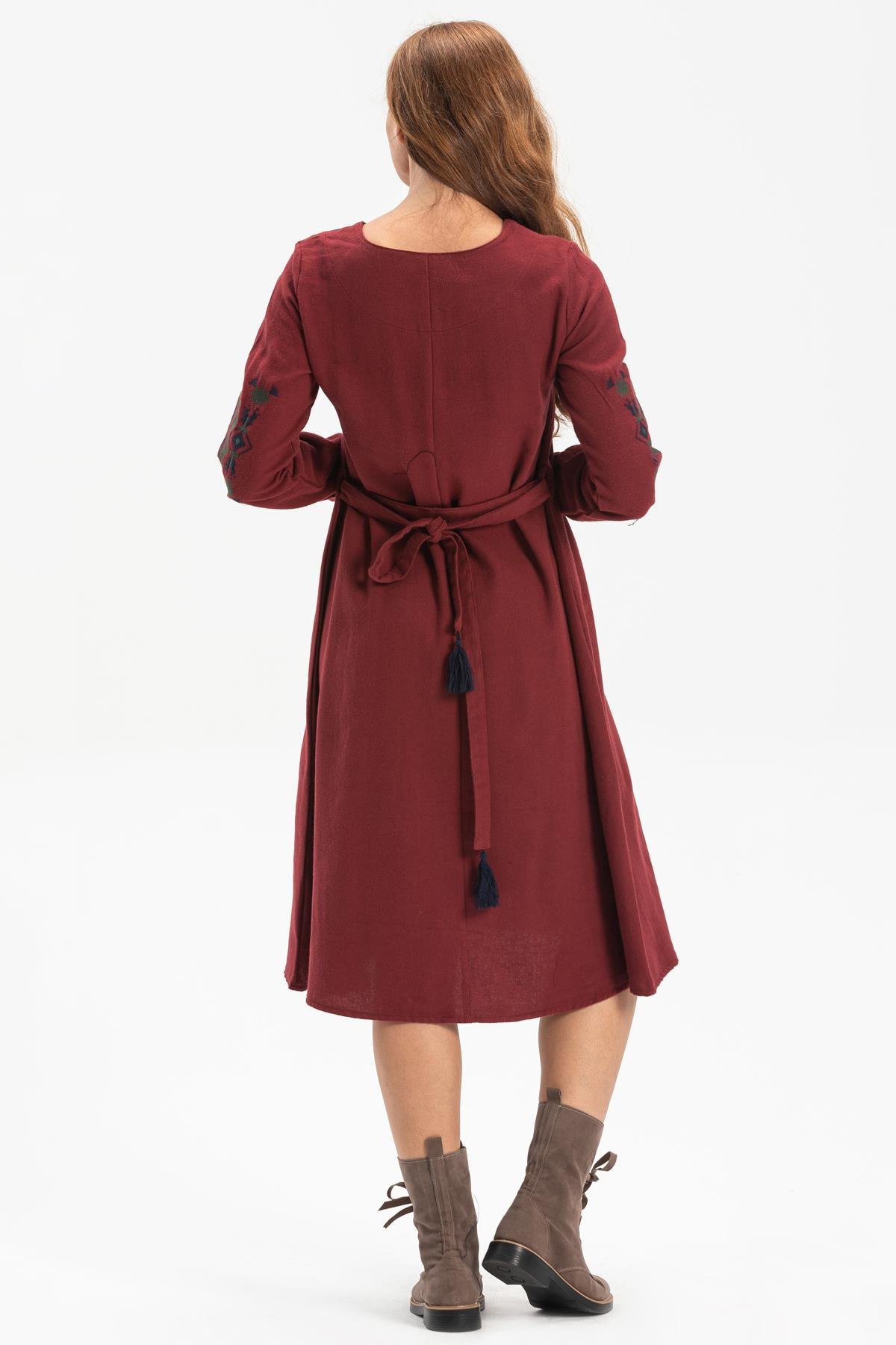 Uzun Kol Mahur Pazen Kısa Sonbahar ve Kışlık Elbise Bordo Brd
