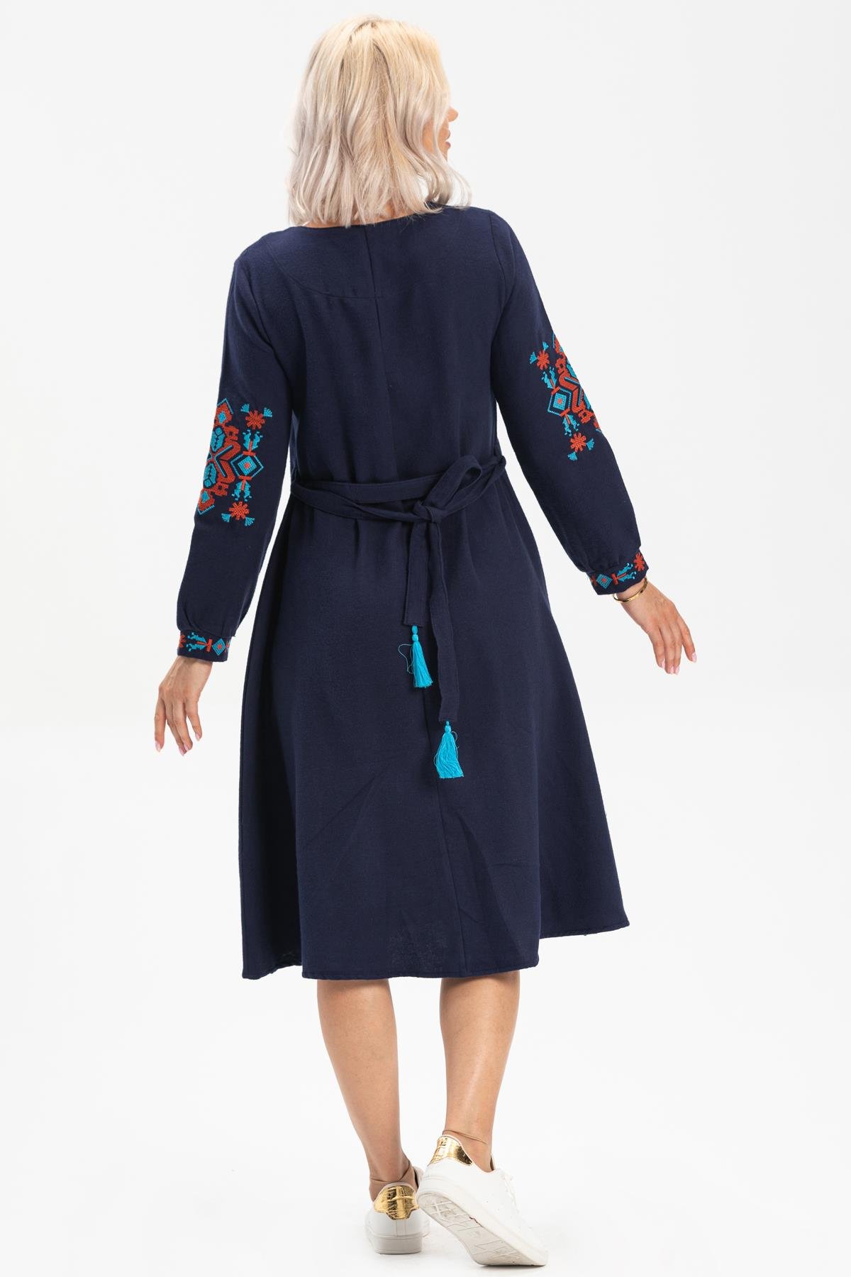 Uzun Kol Mahur Pazen Kısa Sonbahar ve Kışlık Elbise Lacivert Lcvt