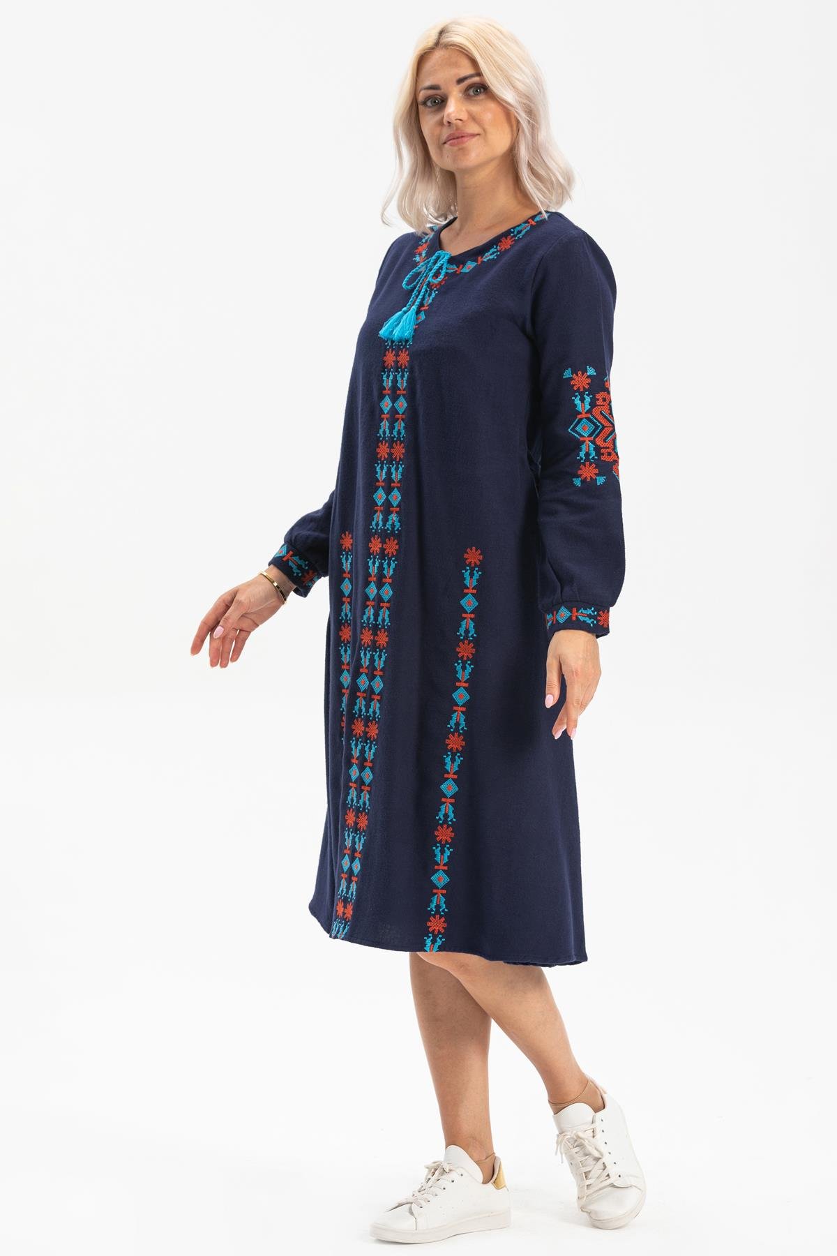 Uzun Kol Mahur Pazen Kısa Sonbahar ve Kışlık Elbise Lacivert Lcvt