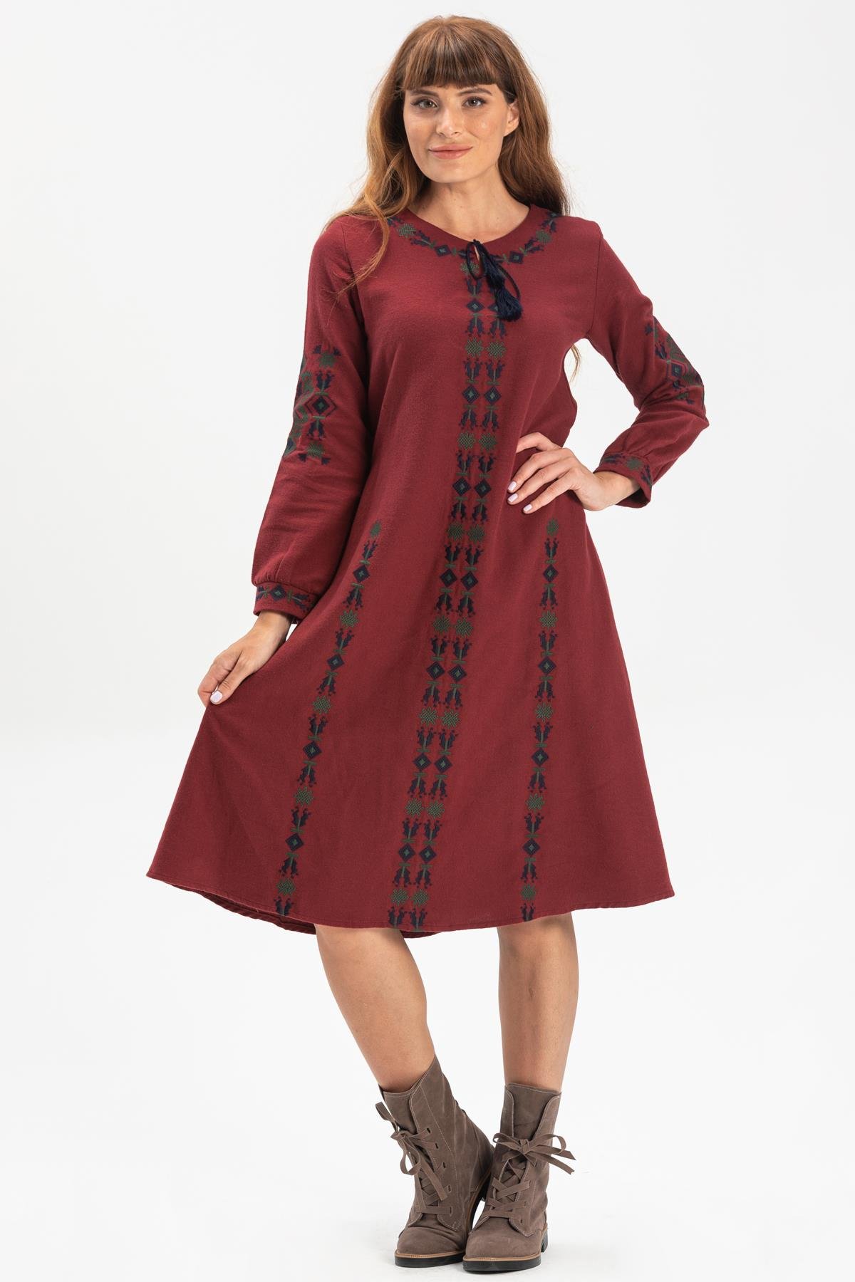 Uzun Kol Mahur Pazen Kısa Sonbahar ve Kışlık Elbise Bordo Brd