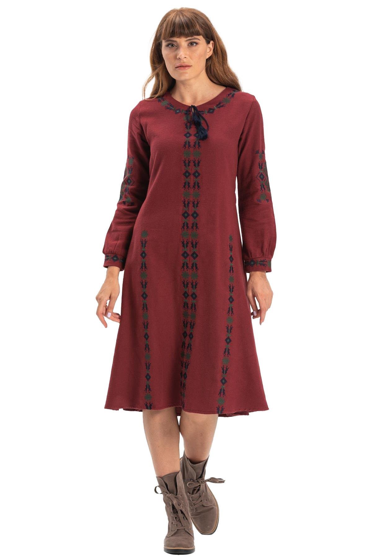 Uzun Kol Mahur Pazen Kısa Sonbahar ve Kışlık Elbise Bordo Brd