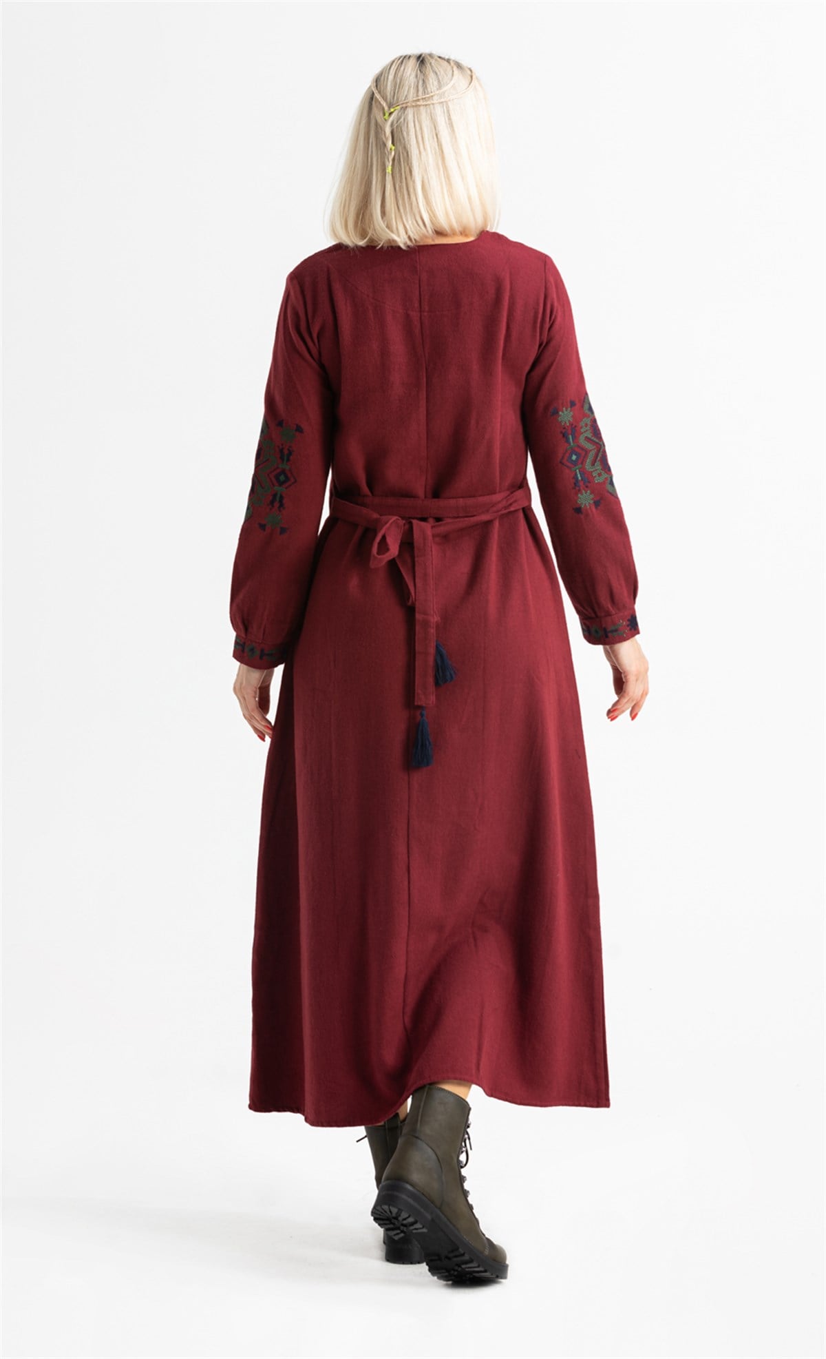 Long Sleeve Flannel Mahur Long Dress Claret Red