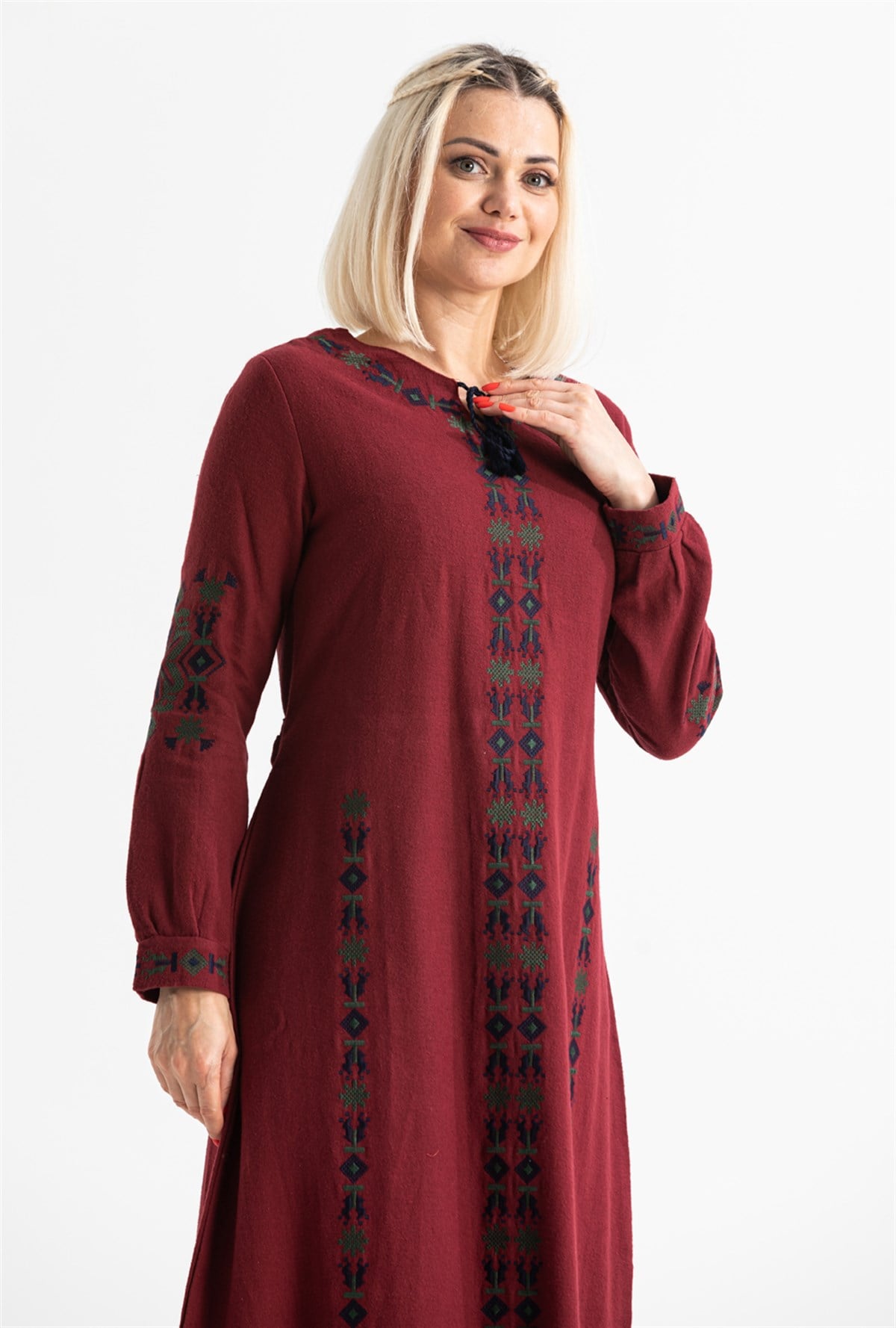 Long Sleeve Flannel Mahur Long Dress Claret Red