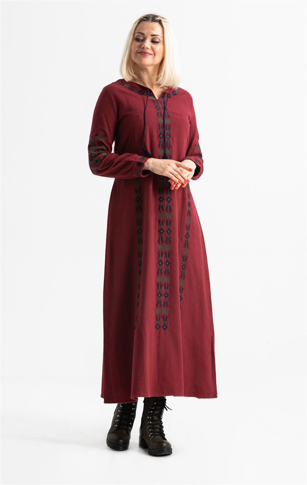 Long Sleeve Flannel Mahur Long Dress Claret Red