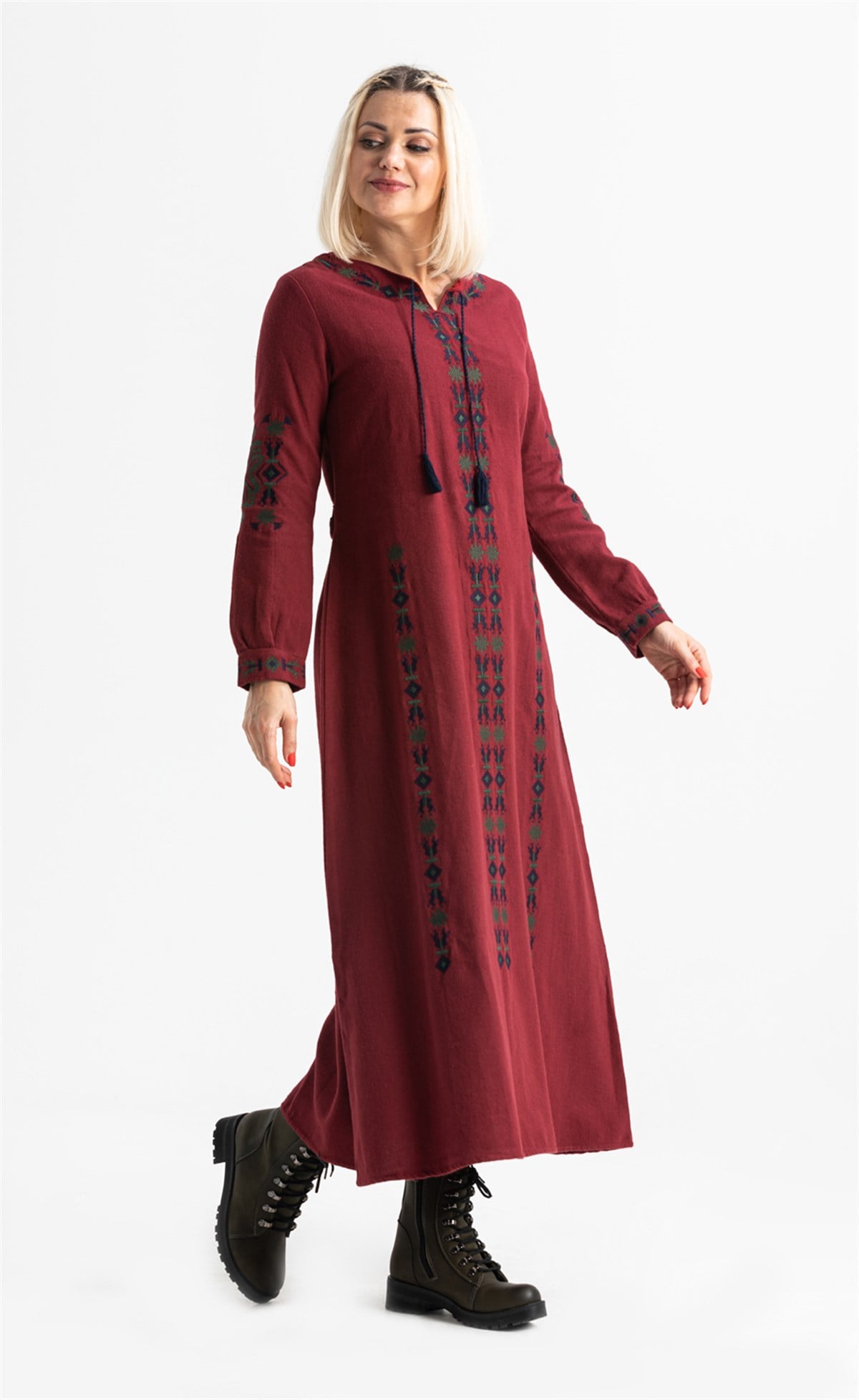 Long Sleeve Flannel Mahur Long Dress Claret Red