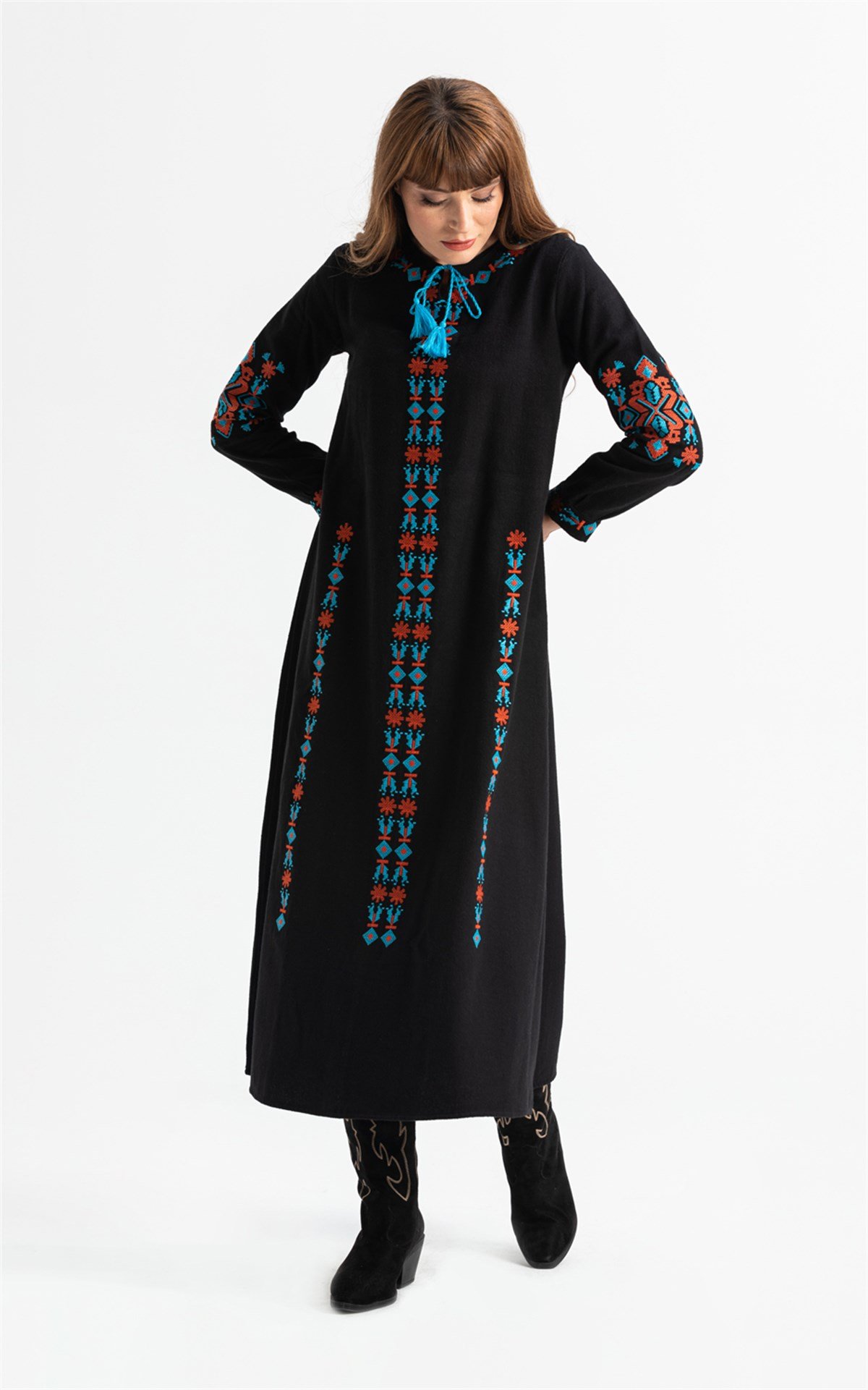 Uzun Kol Mahur Pazen Uzun Elbise Siyah Syh