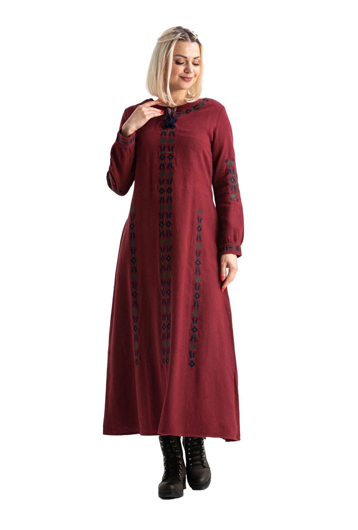 Long Sleeve Flannel Mahur Long Dress Claret Red