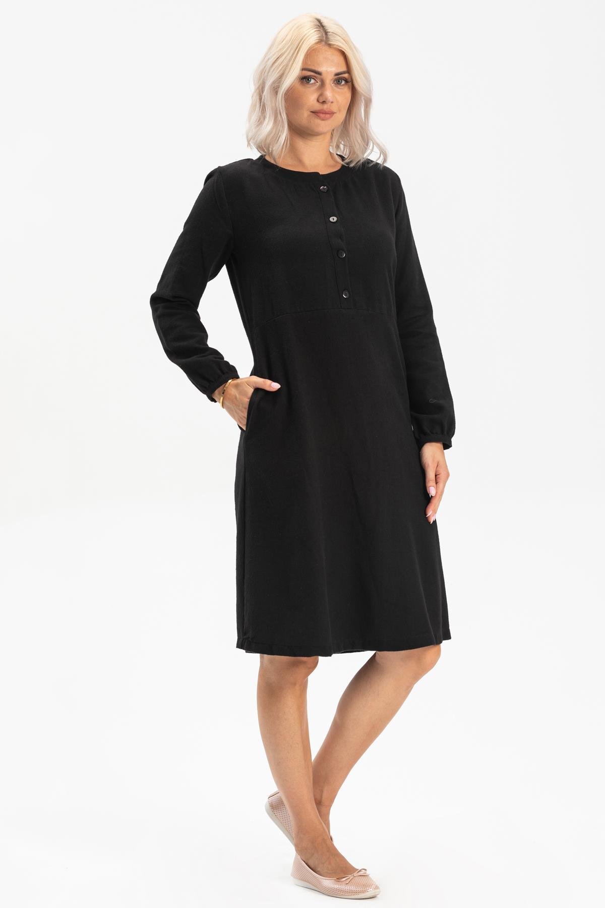 Uzun Kol Manolya Pazen Kısa Sonbahar ve Kışlık Elbise Siyah Syh