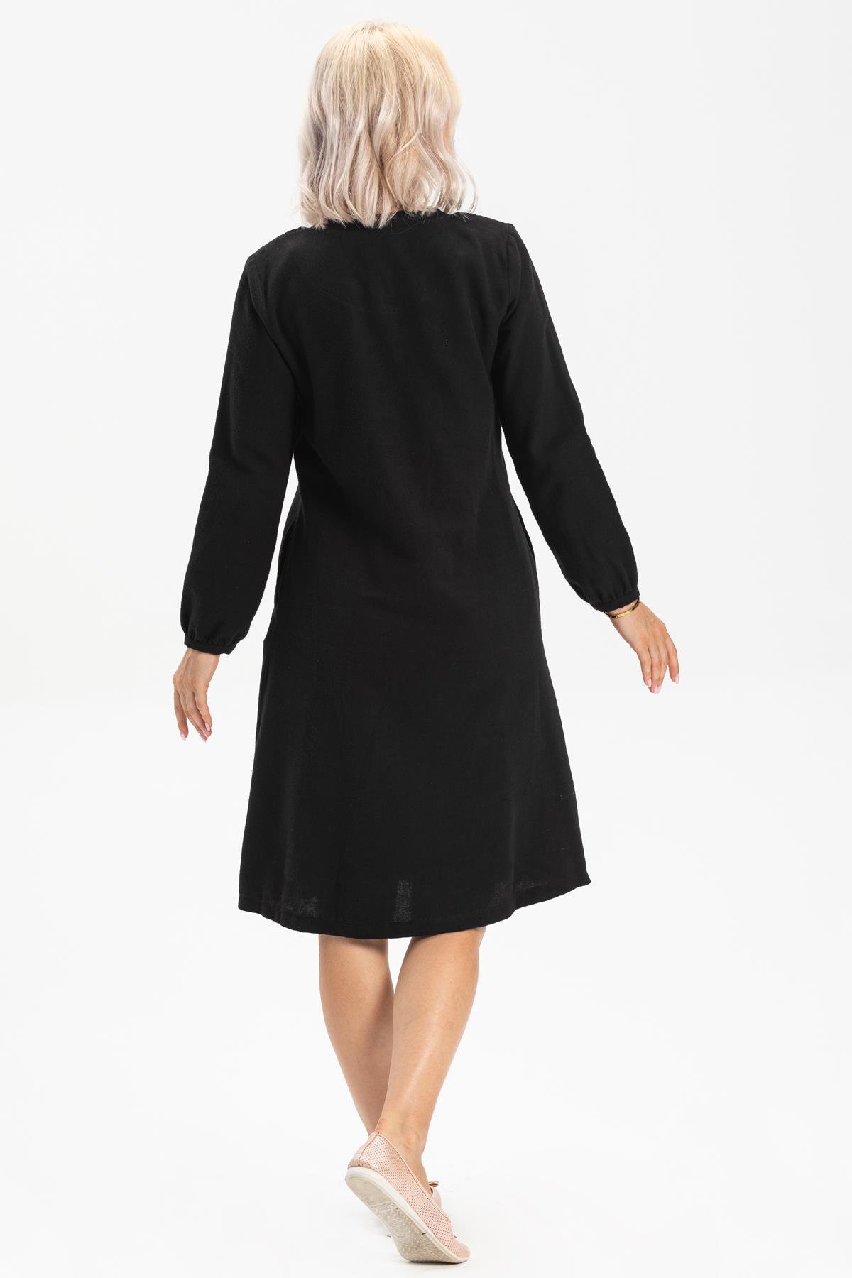 Uzun Kol Manolya Pazen Kısa Sonbahar ve Kışlık Elbise Siyah Syh