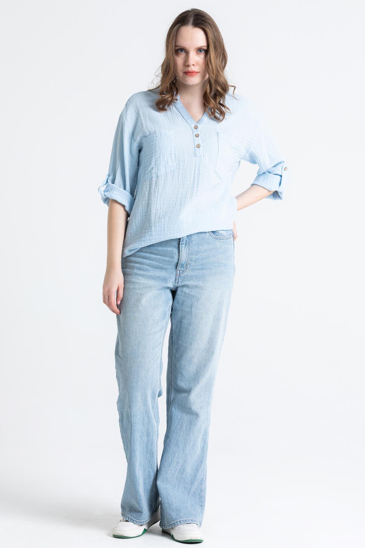 Long Sleeve Muslin Asu Blouse Ice Blue