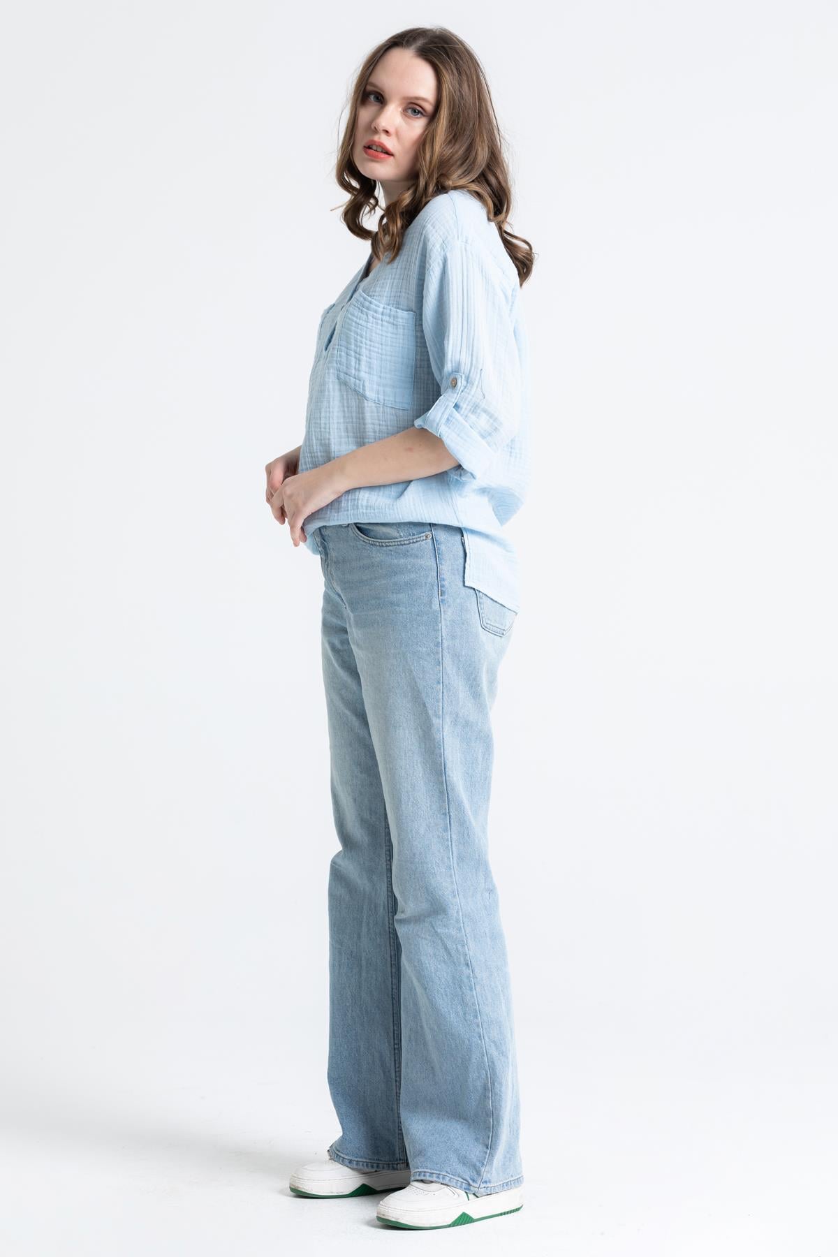 Long Sleeve Muslin Asu Blouse Ice Blue
